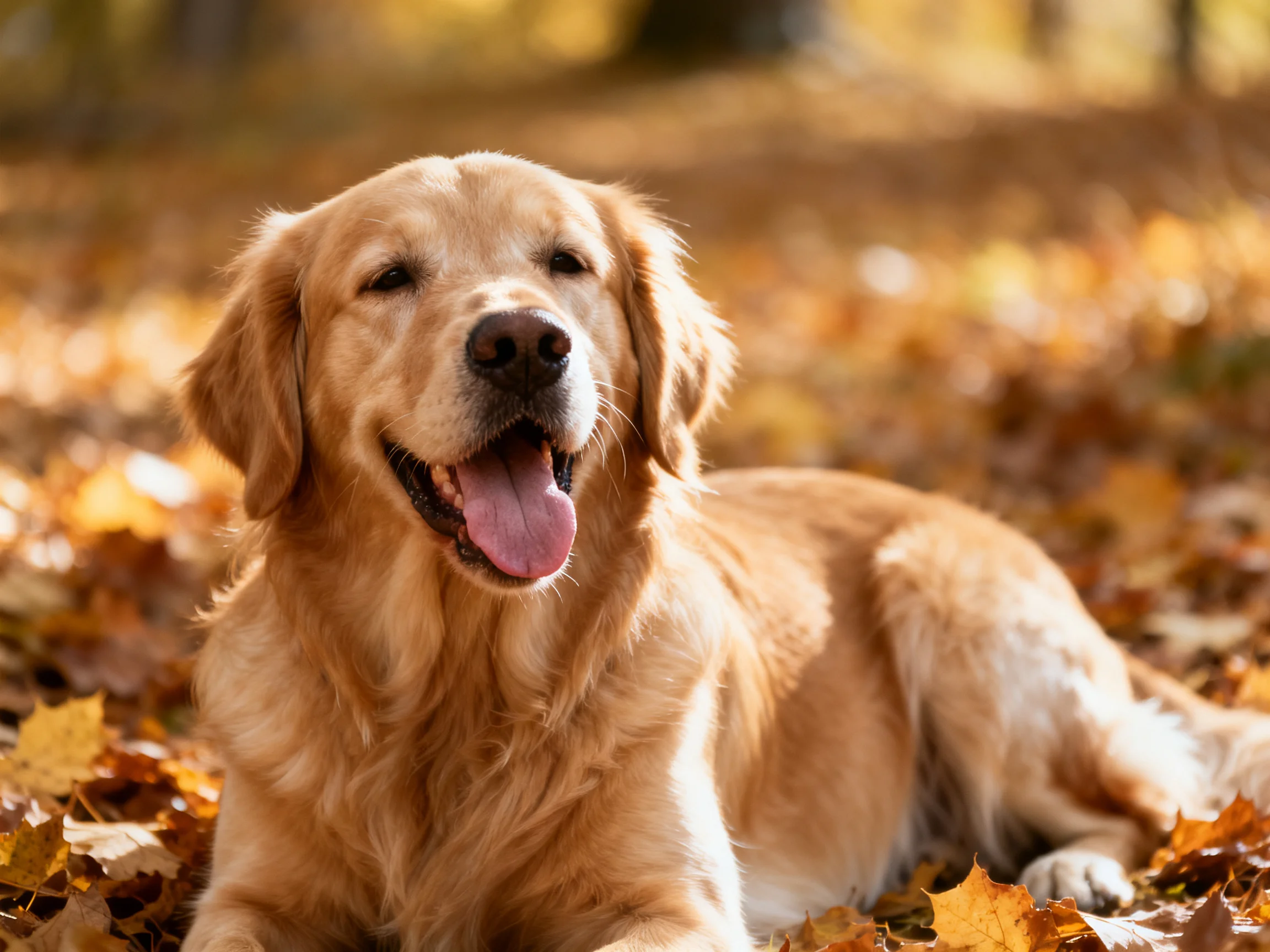 A golden retriever with tongue out on autumn leaves