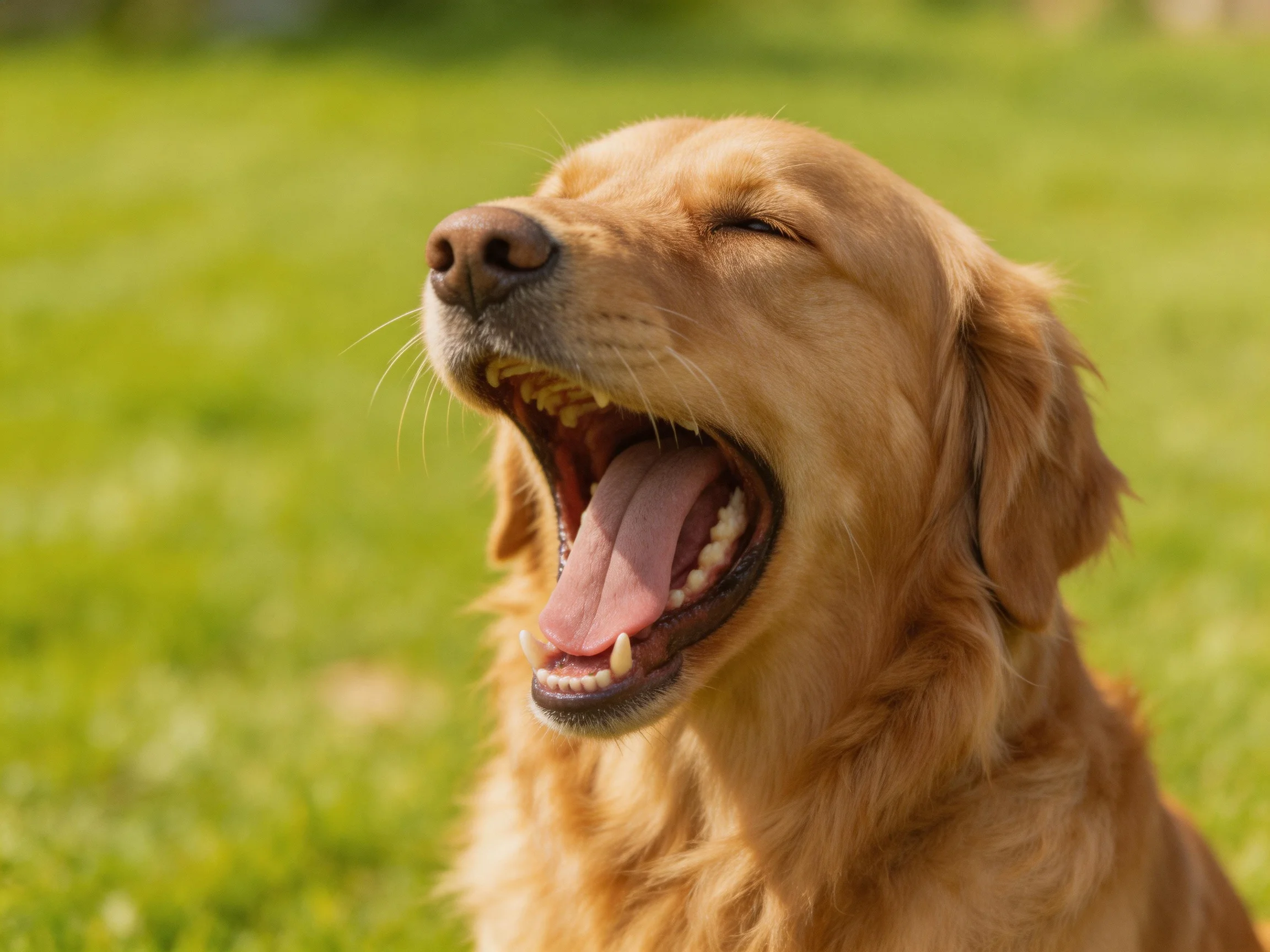 A golden retriever yawning joyfully in a sunlit green field