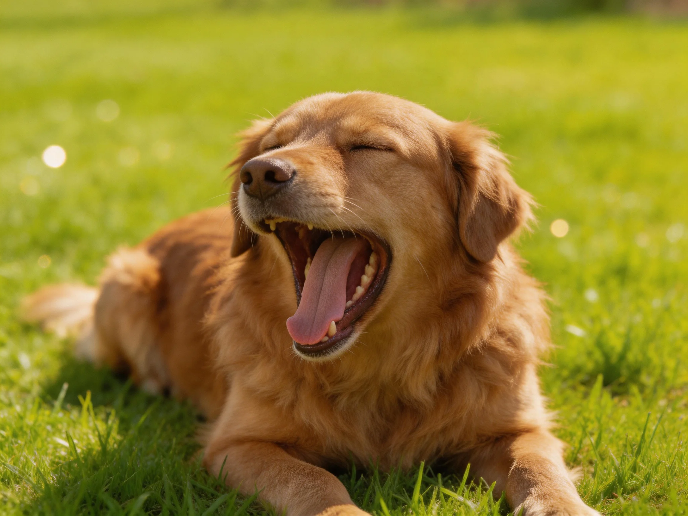 A golden retriever yawning joyfully on lush green grass