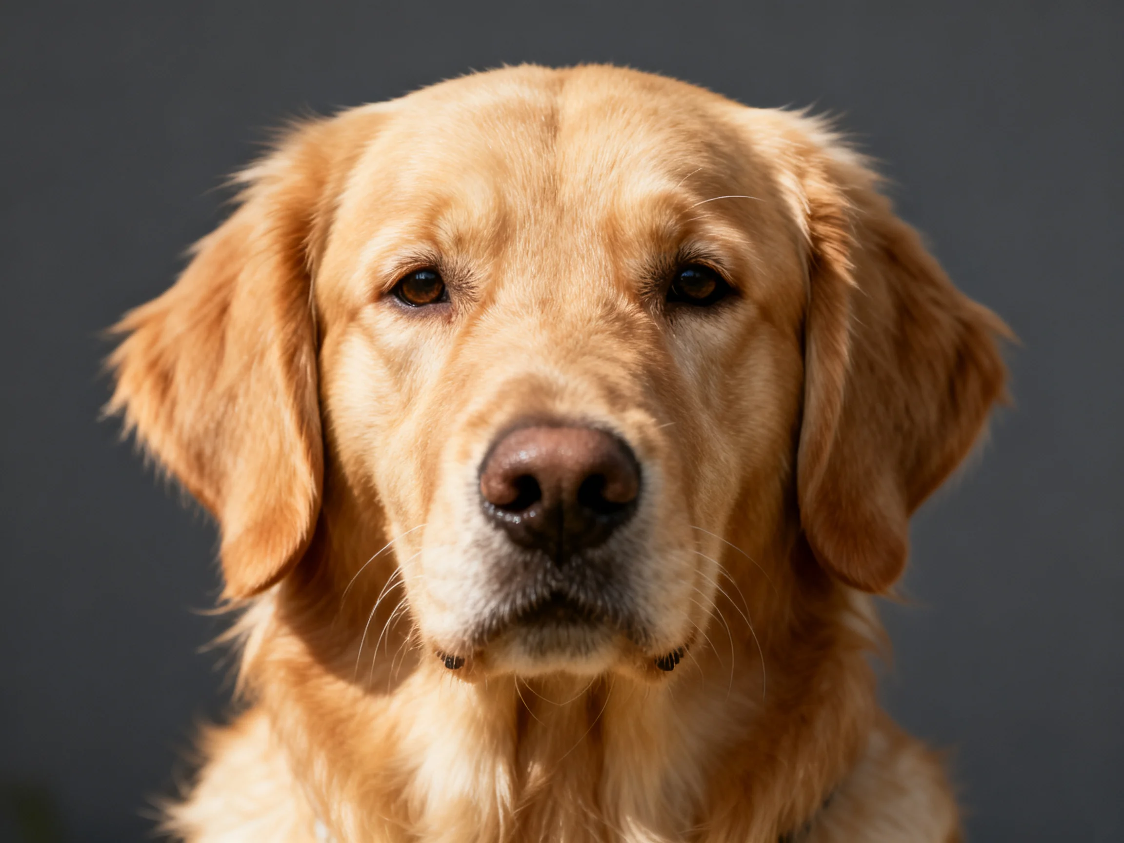 A golden retriever’s close - up portrait against a dark gray backdrop