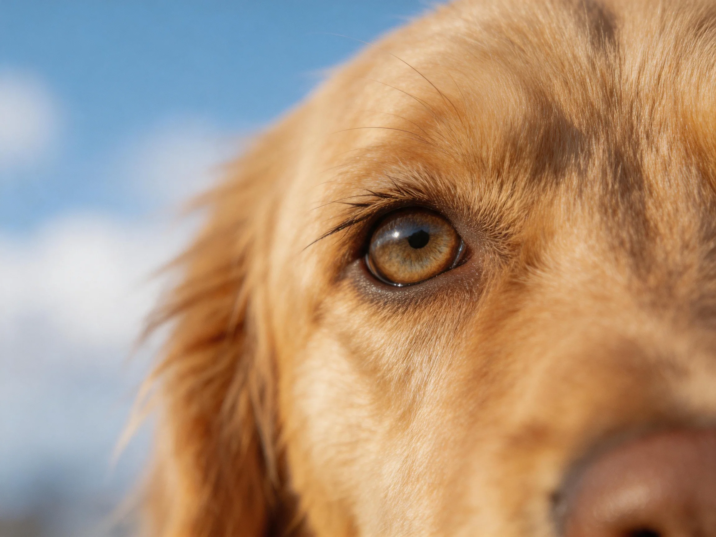 A golden retriever’s eye is shown up close against a blue sky.
