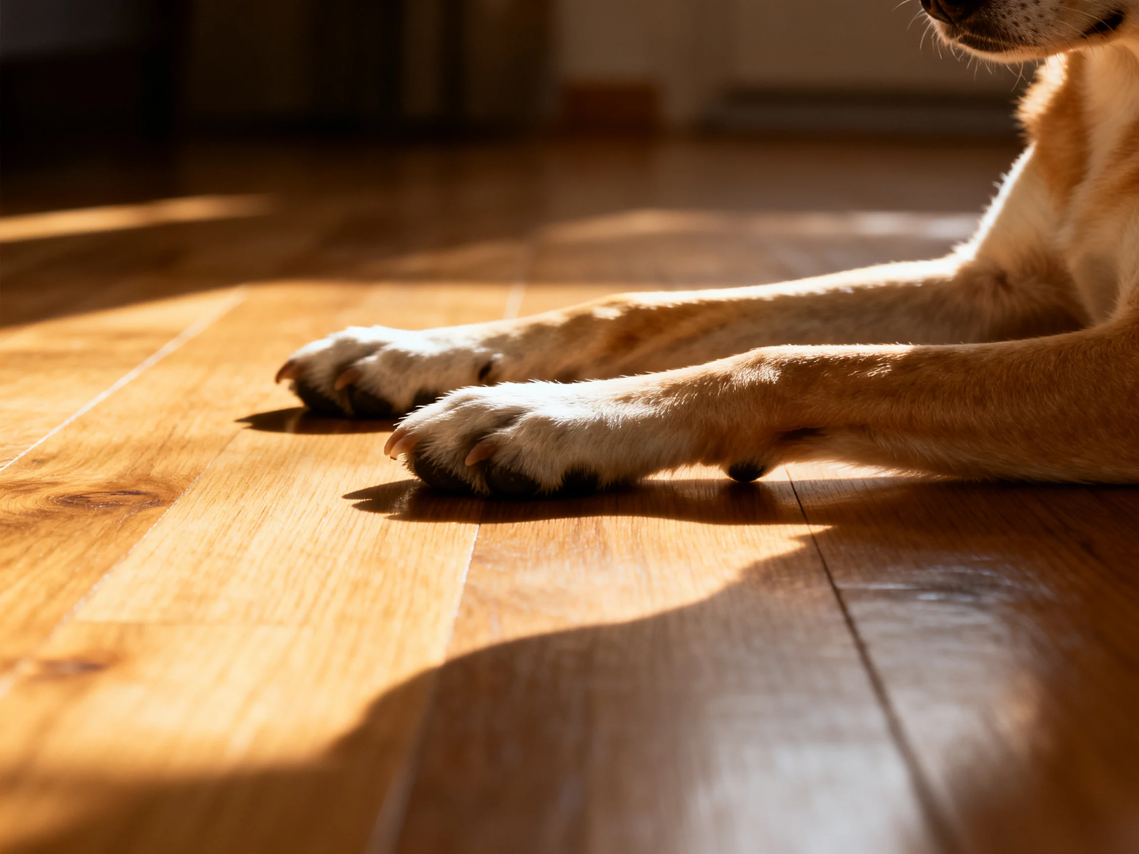 A golden retriever’s front paws rest on a sunlit wooden floor with warm lighting.