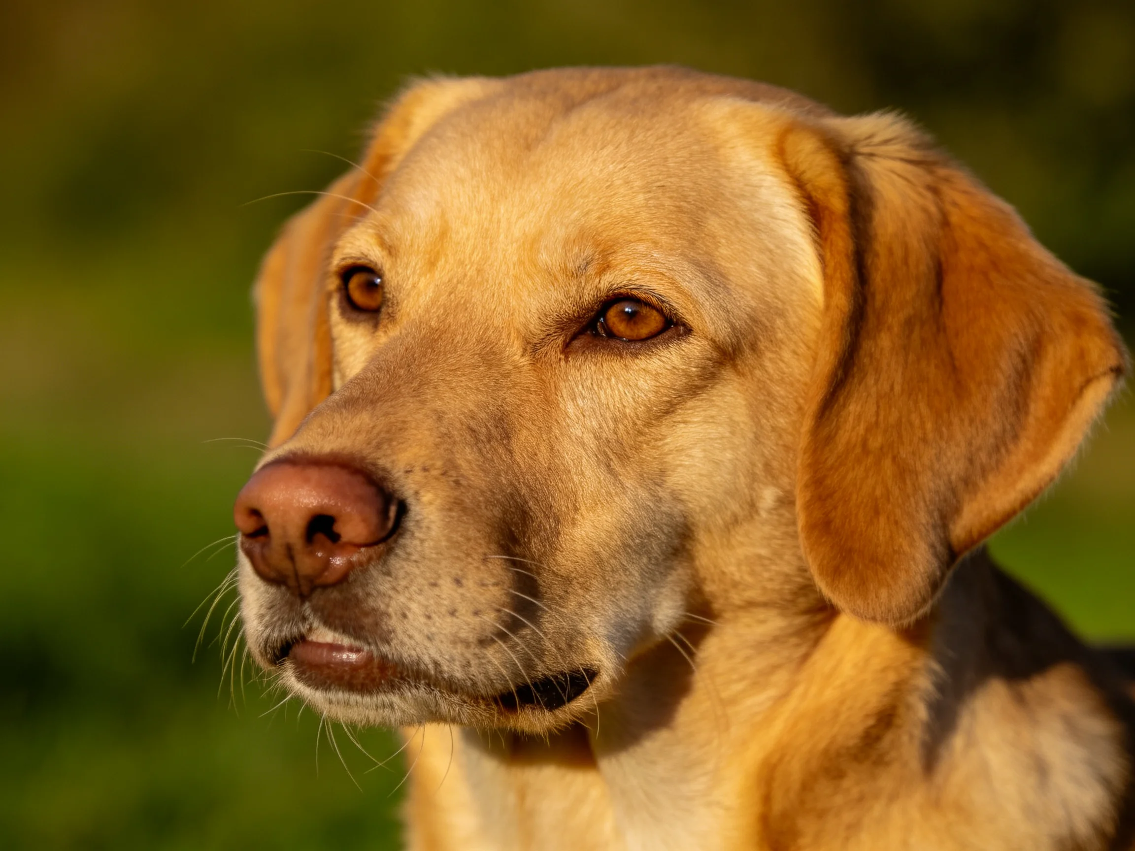 A golden retriever’s profile bathed in warm sunlight against greenery