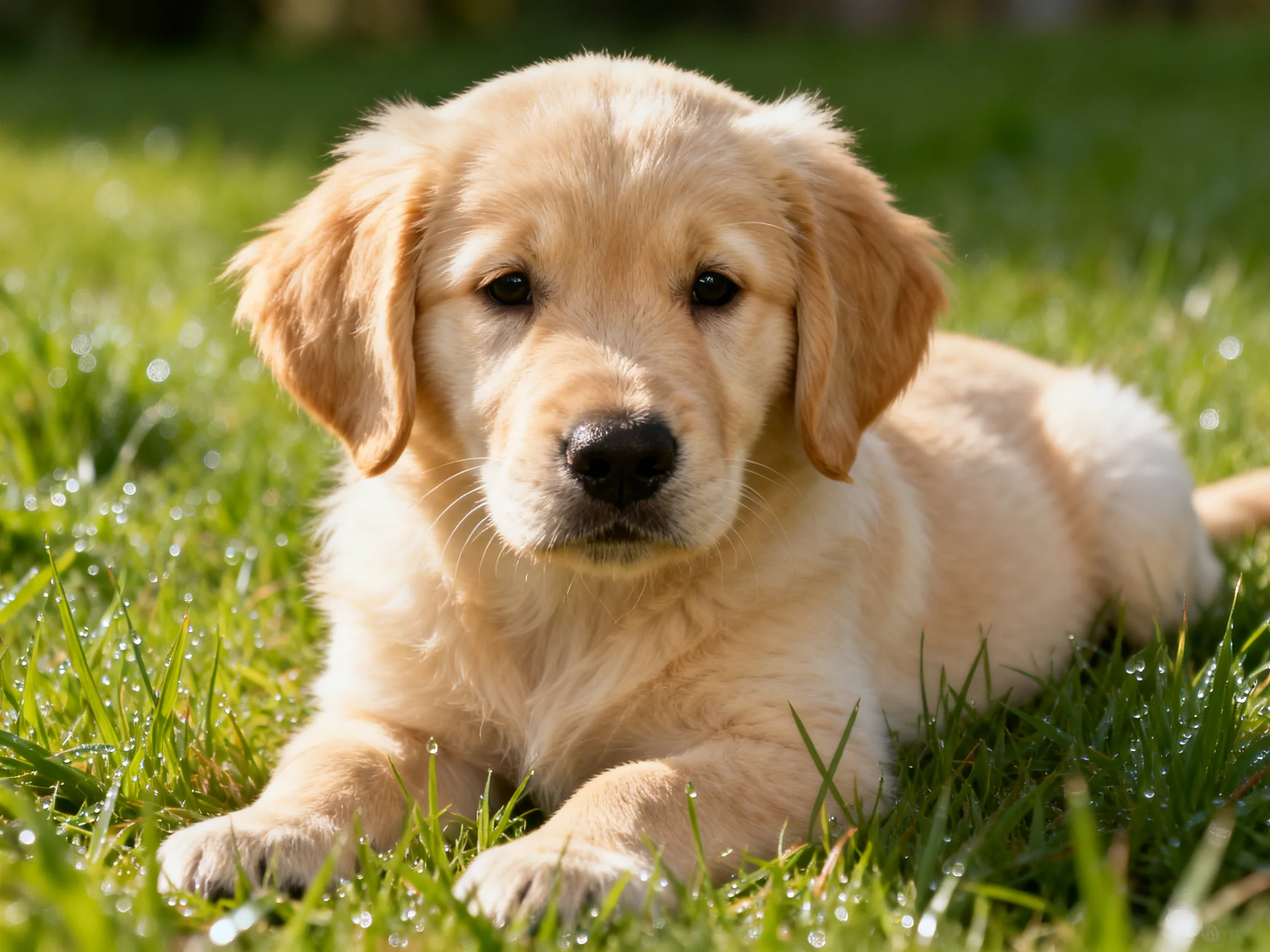 A golden retriever puppy lies calmly among dew-covered blades of grass.