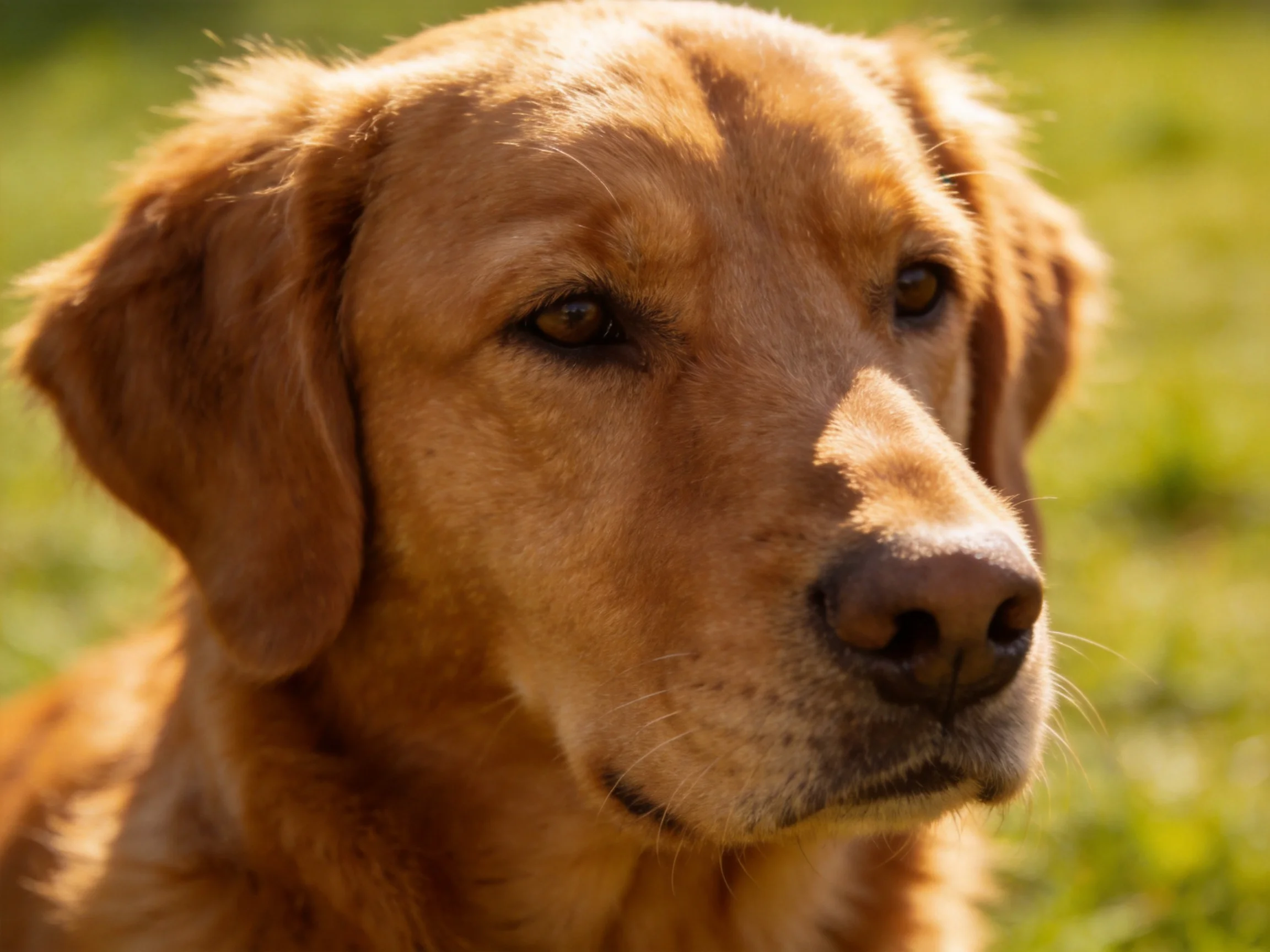 A golden retrievers serene face captured in soft natural light
