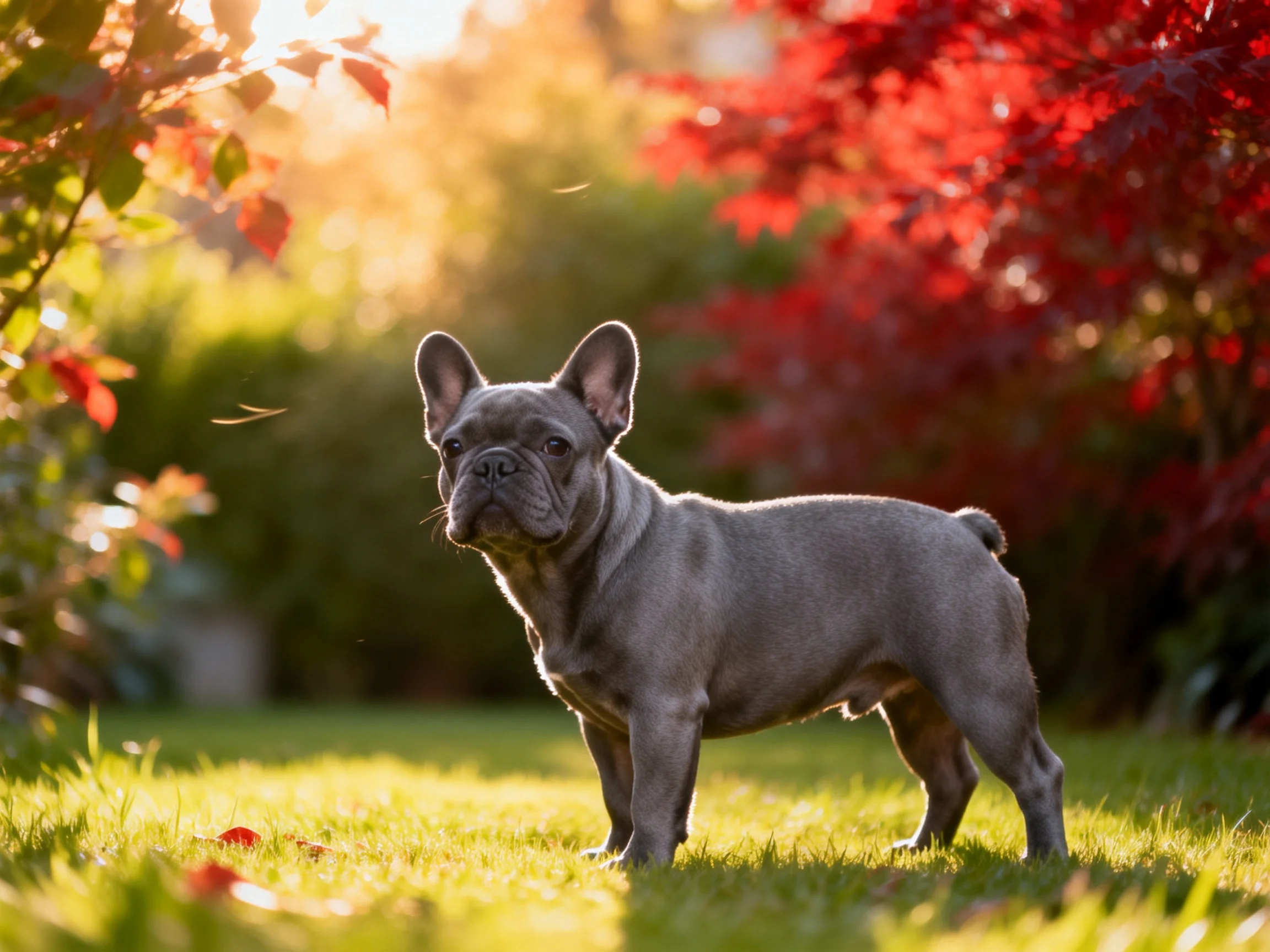 A gray French bulldog stands in a sunlit garden with colorful foliage.