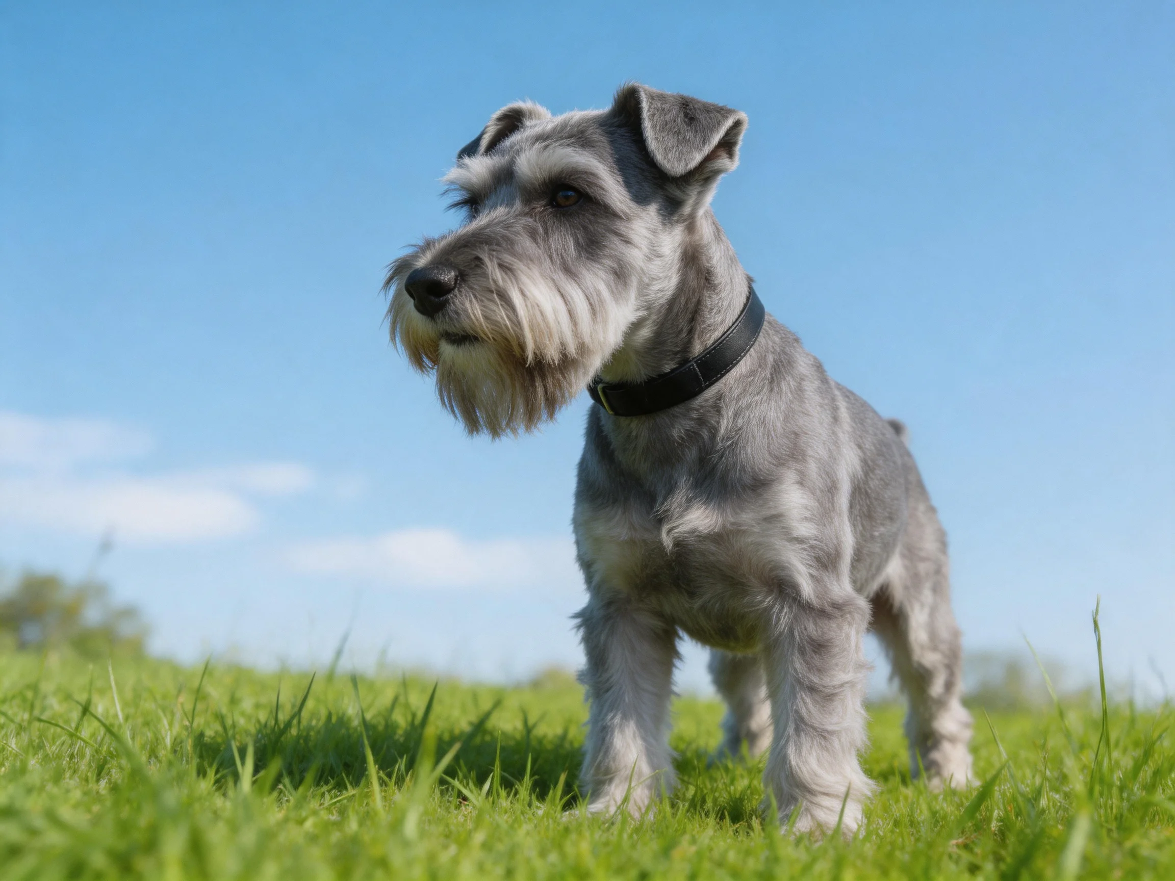 A gray Schnauzer stands alert on lush green grass under a clear blue sky