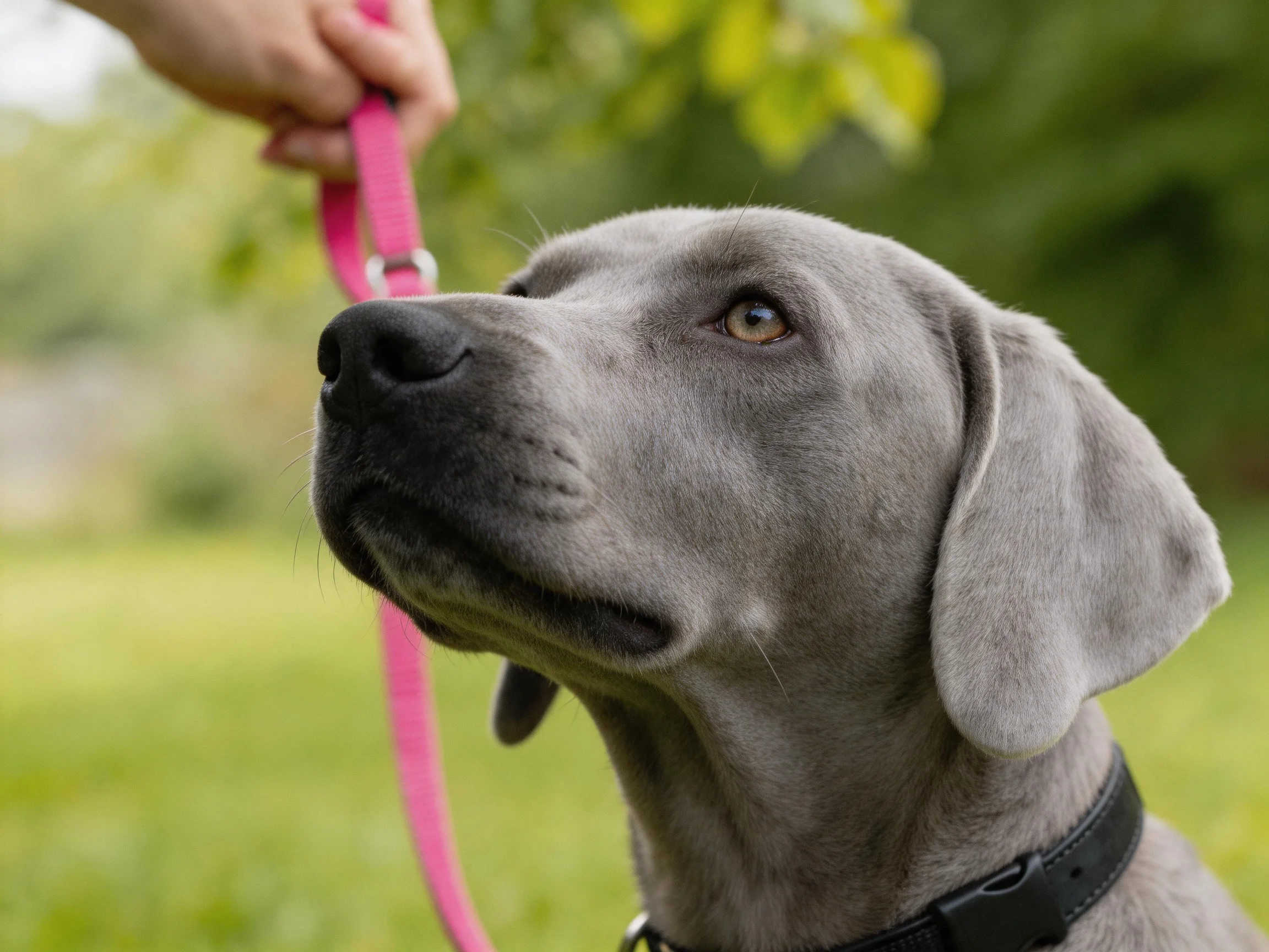 A gray Weimaraner dog with a pink leash in a lush green park