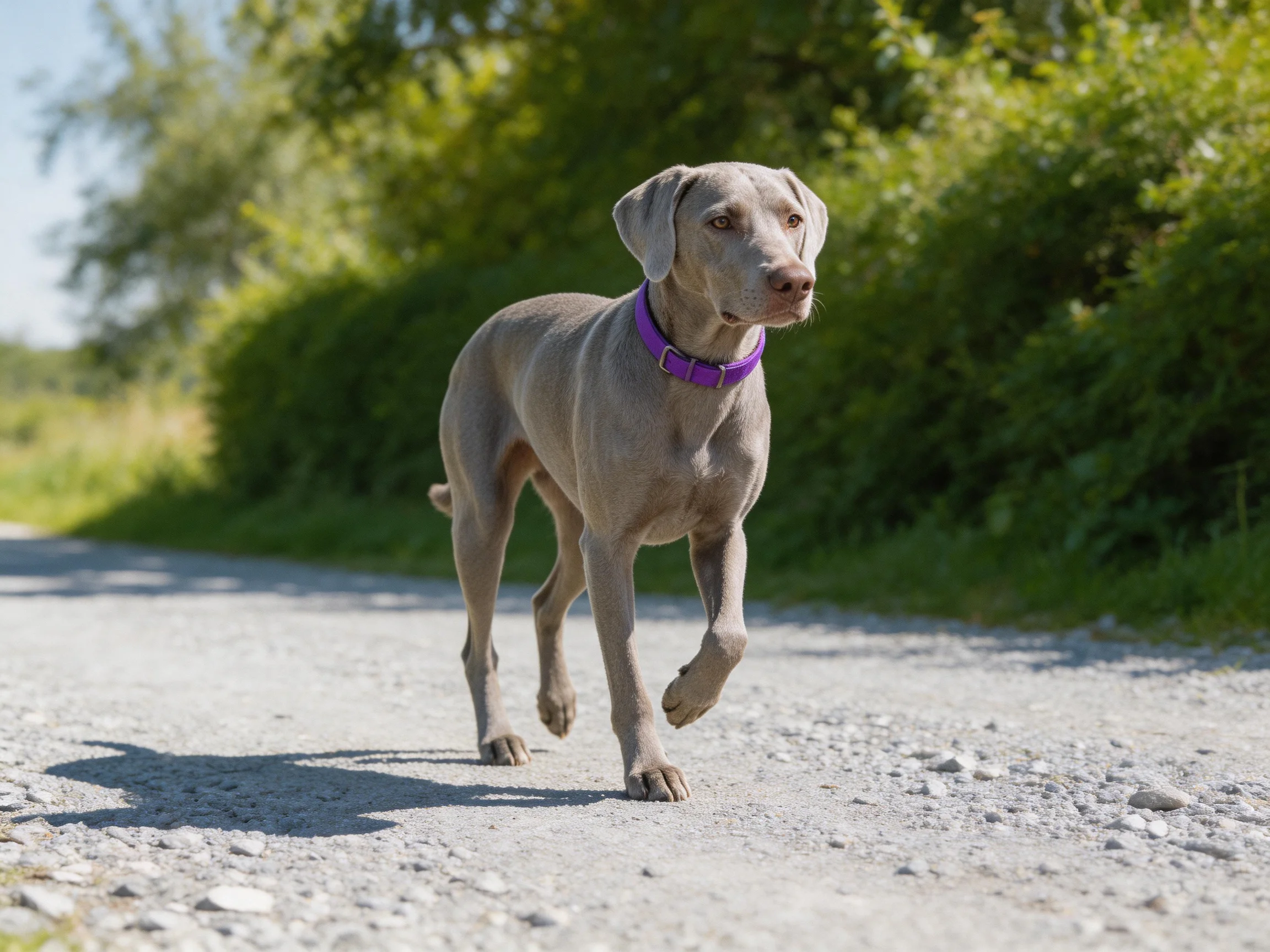 A gray Weimaraner moves along a gravel path beside dense green foliage.