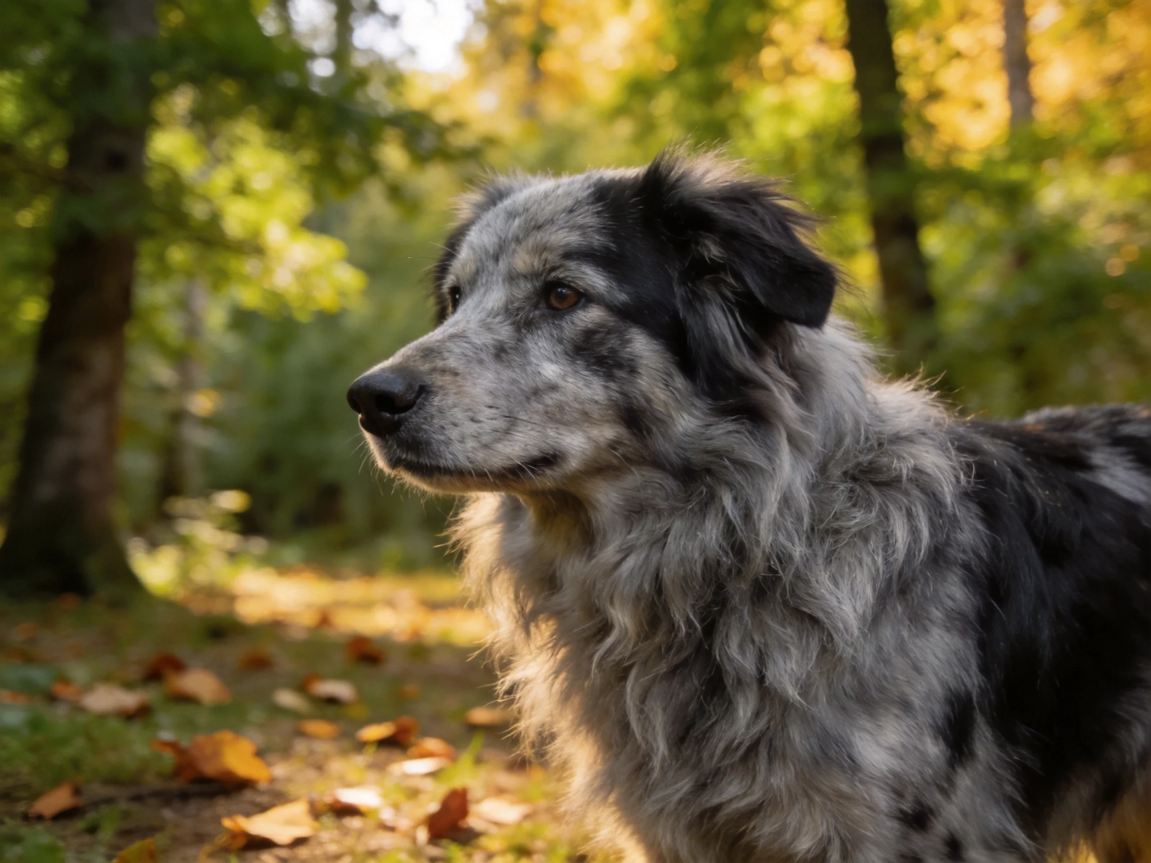 A gray and black dog observes its surroundings in a sunlit forest with fallen leaves.