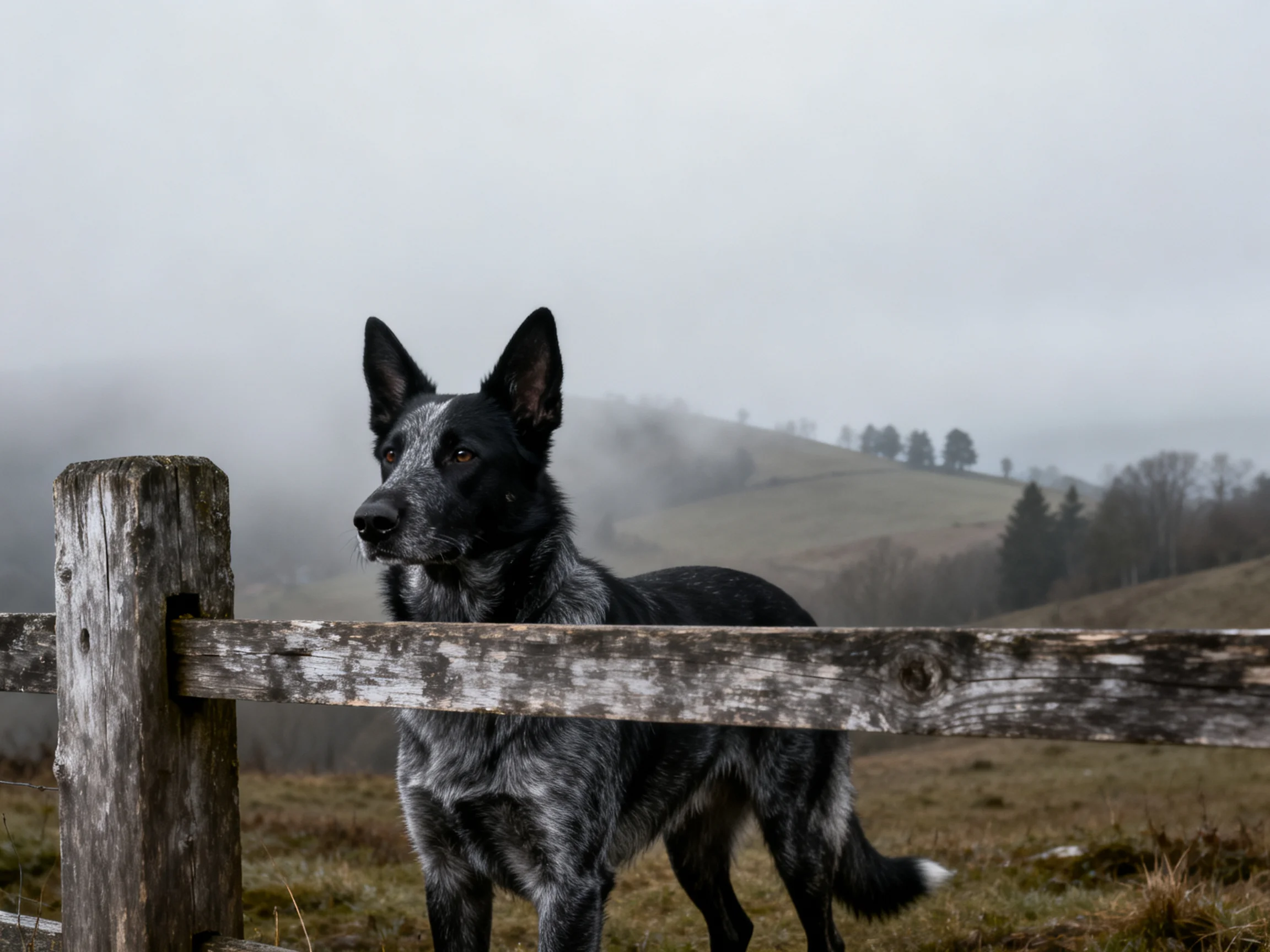 A dog stands by a weathered fence in a misty rural landscape.
