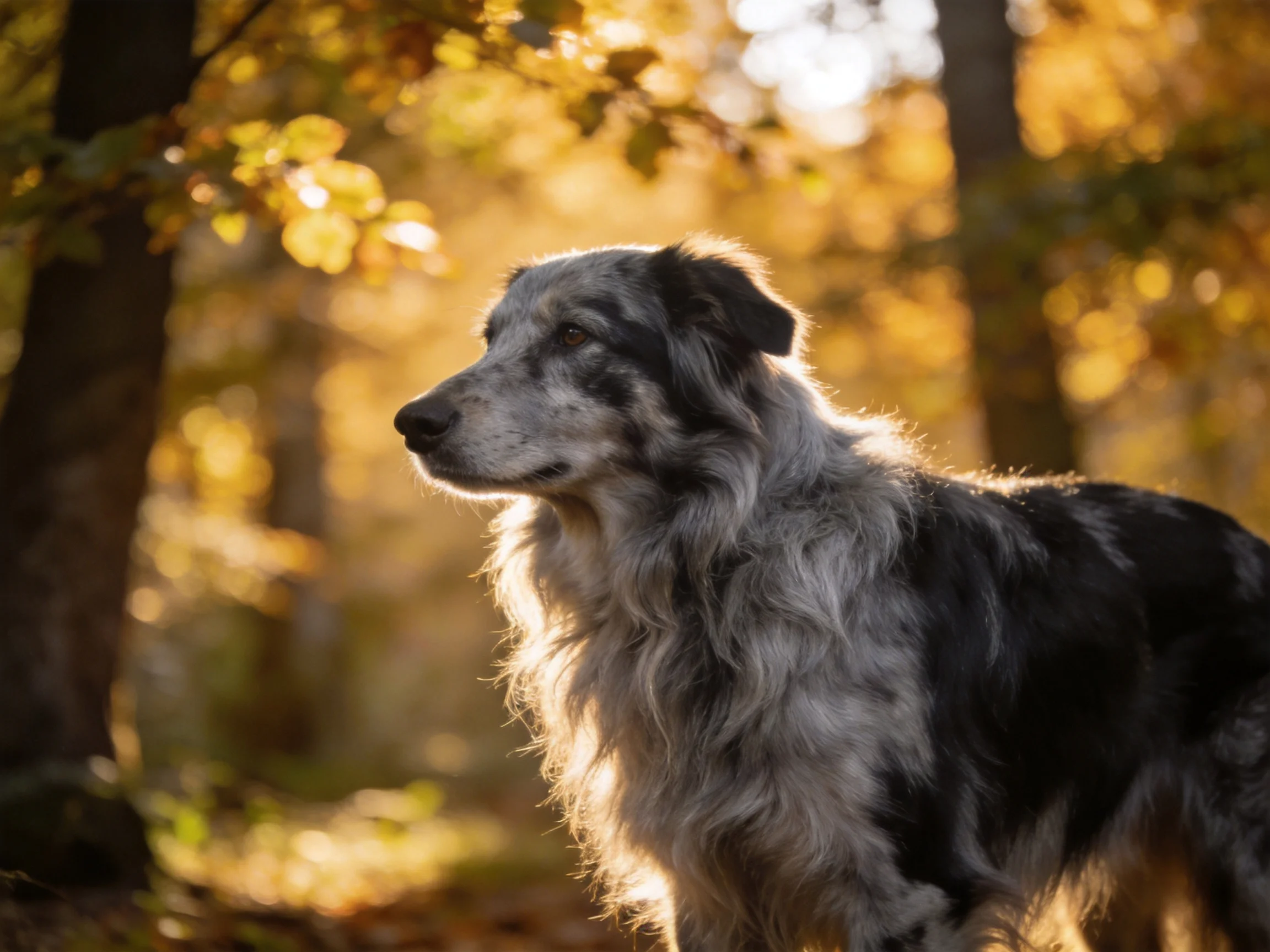 A gray and black dog observes its surroundings in a sunlit autumn forest.