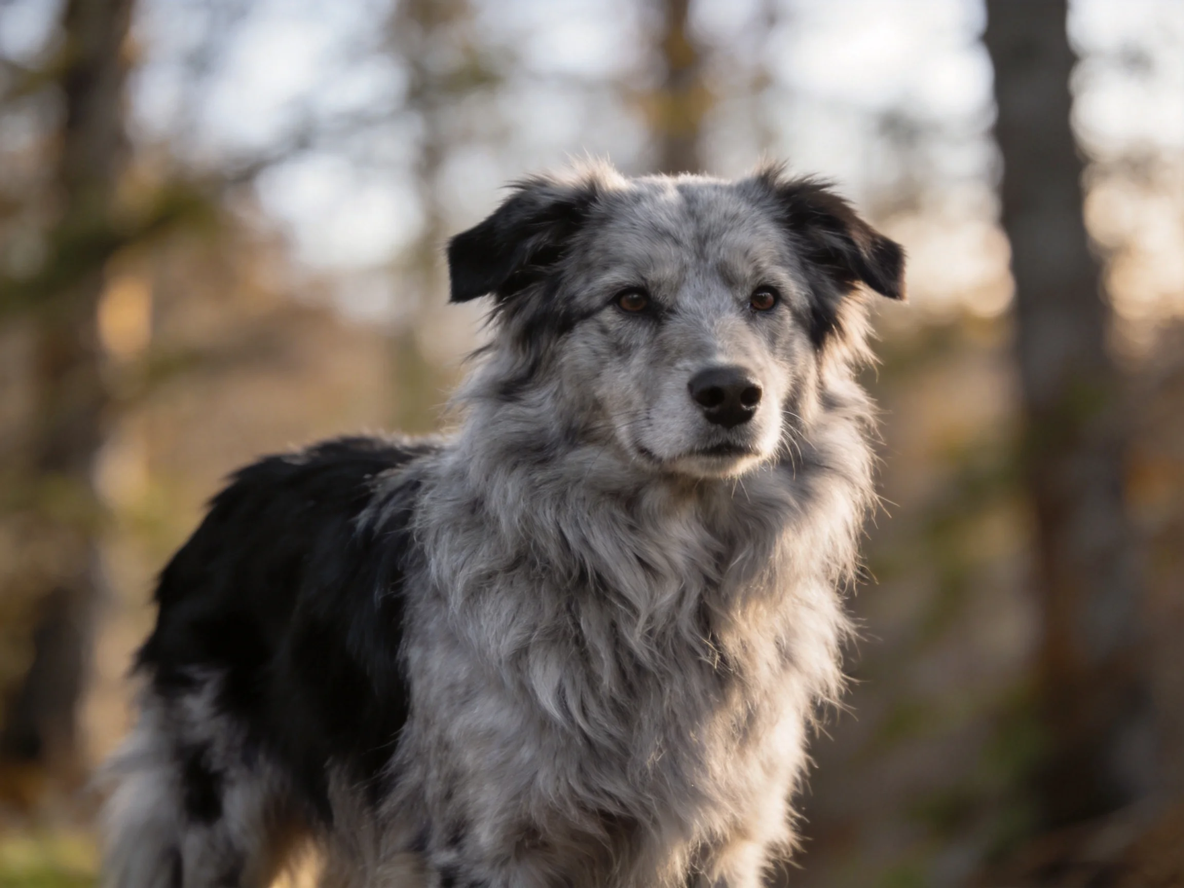 A gray and black dog stands among blurred forest trees.