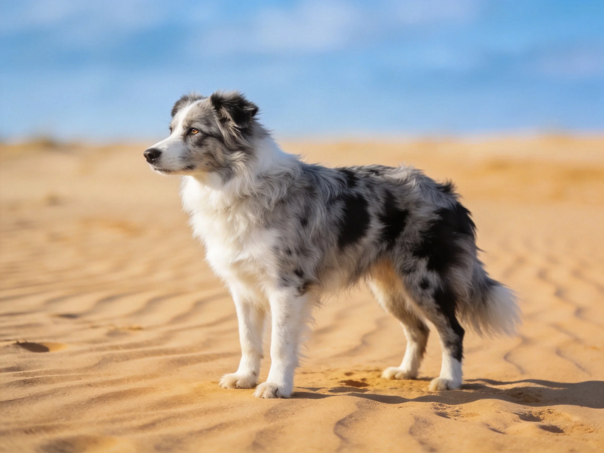 A gray and black speckled dog stands on golden sand dunes