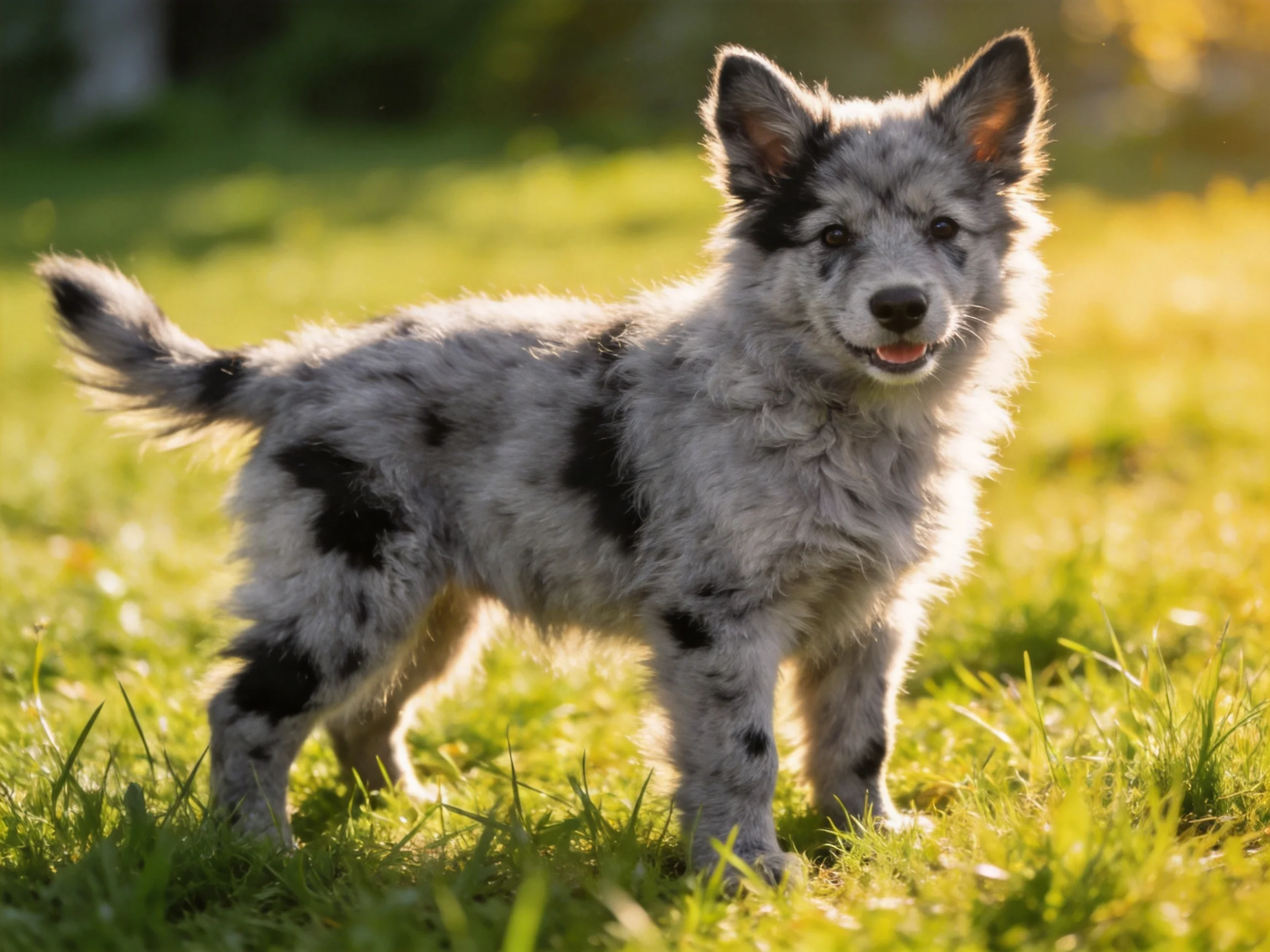 A gray and black spotted puppy stands happily on sunlit grass.