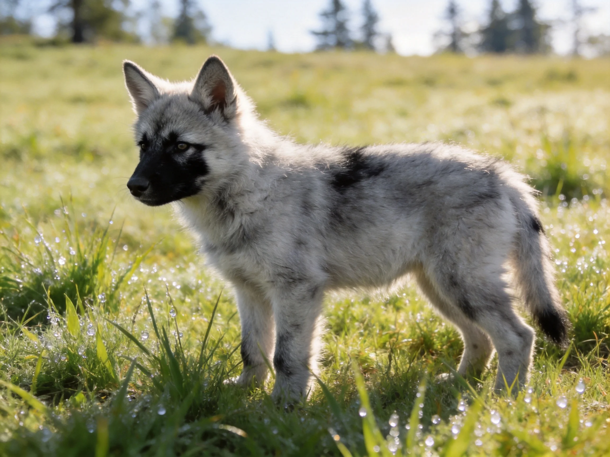 A gray and black wolf cub explores dewy green grassland