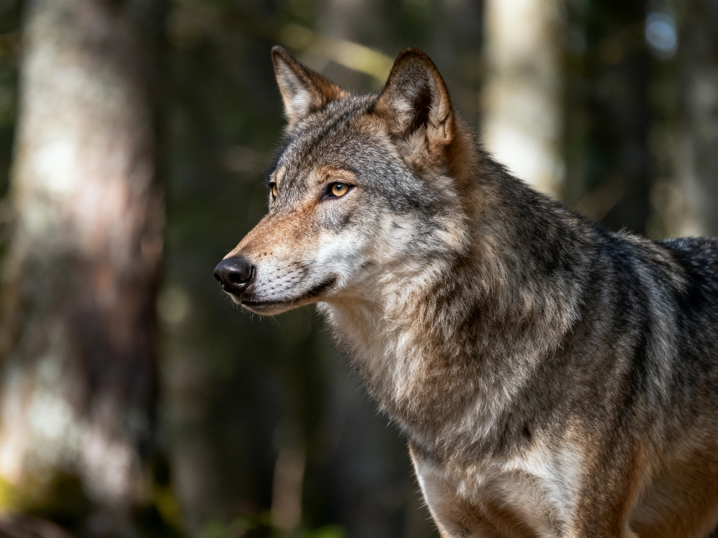 A gray and brown wolf stands alert in a sun-dappled forest