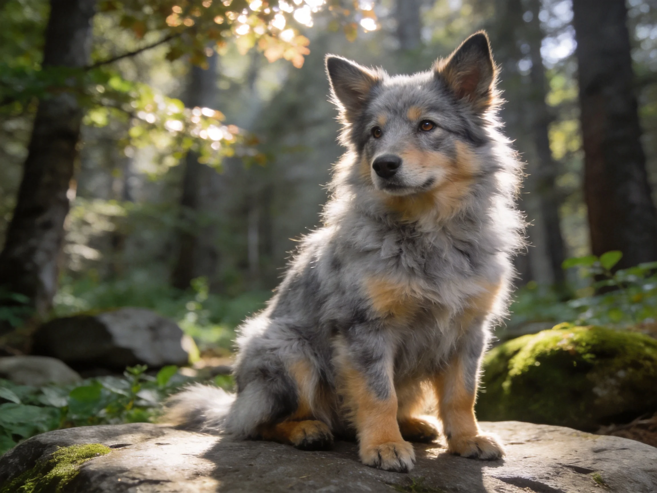 A gray and tan dog sits on a moss-covered rock in a sunlit forest
