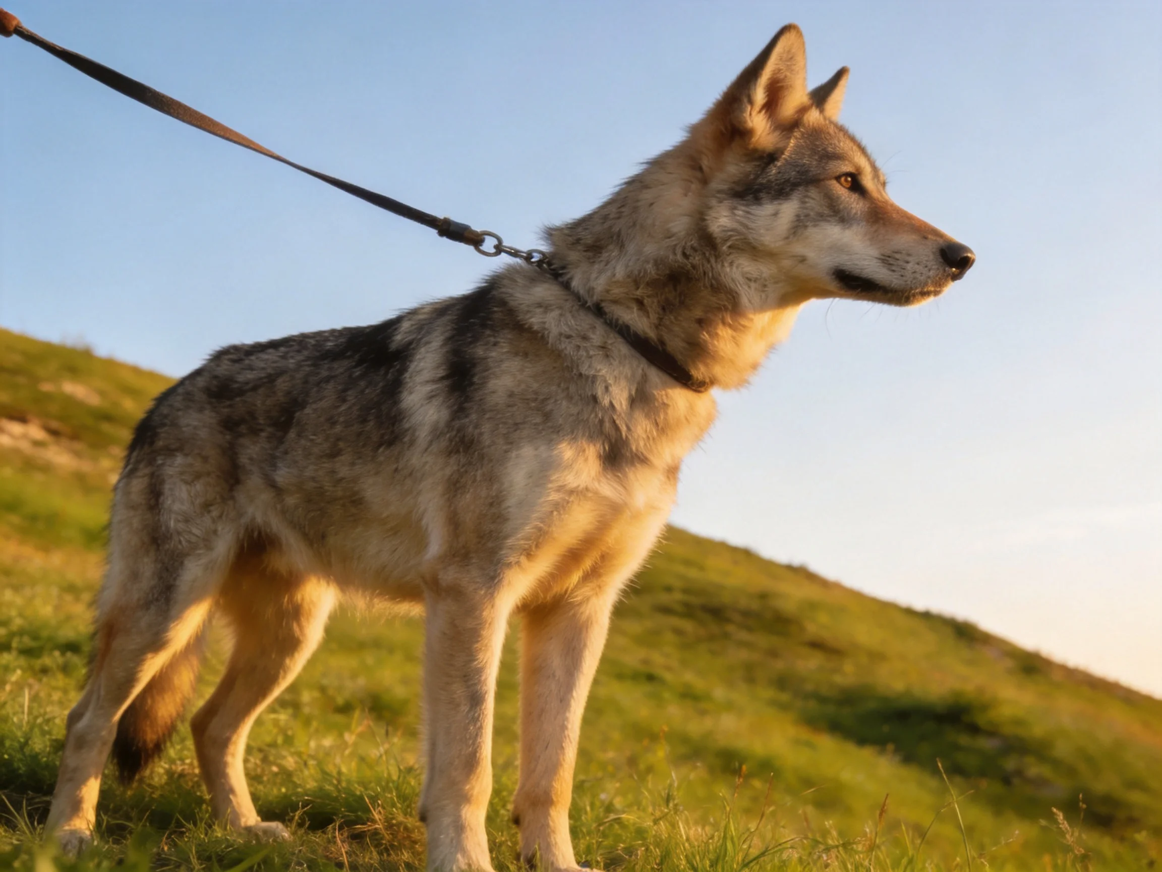 A gray and tan dog stands leashed on a grassy hillside under sunlight.