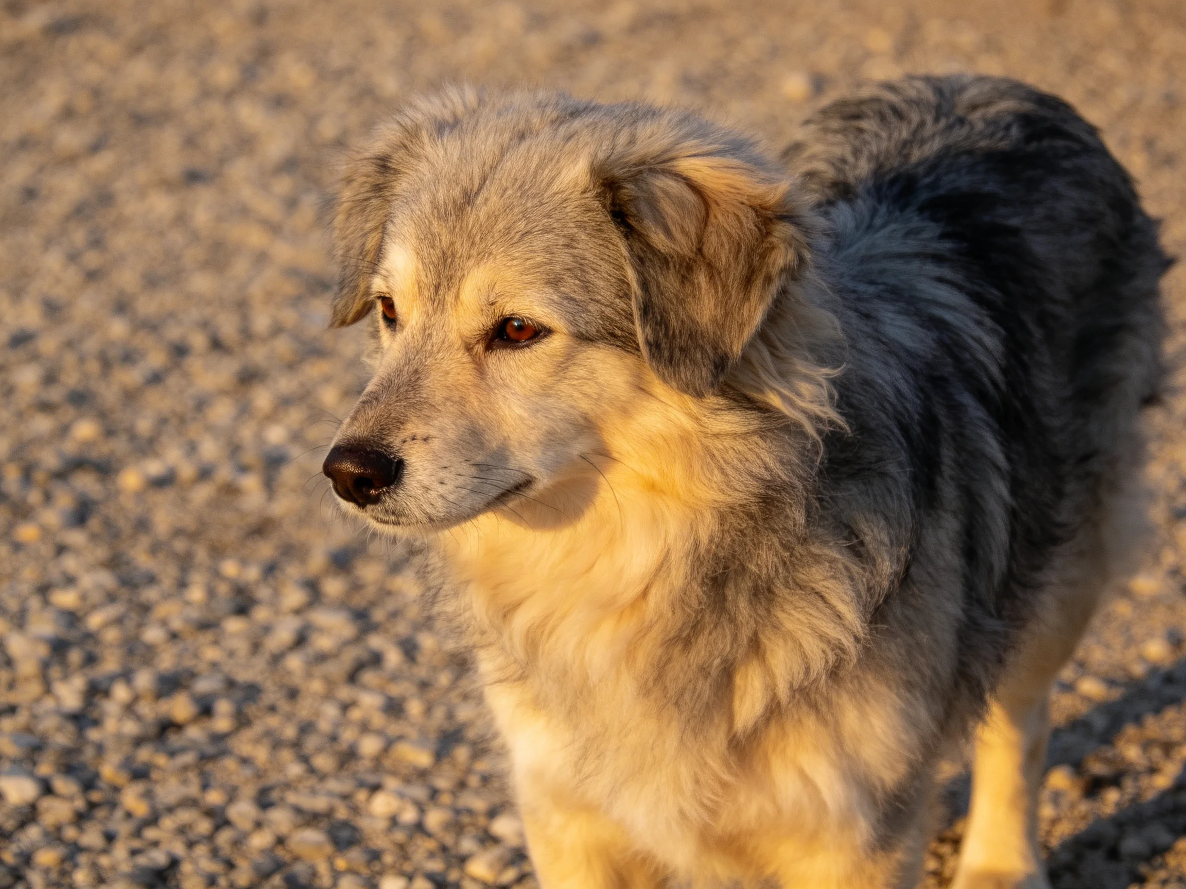 A gray and tan dog stands on a gravel path in golden sunlight