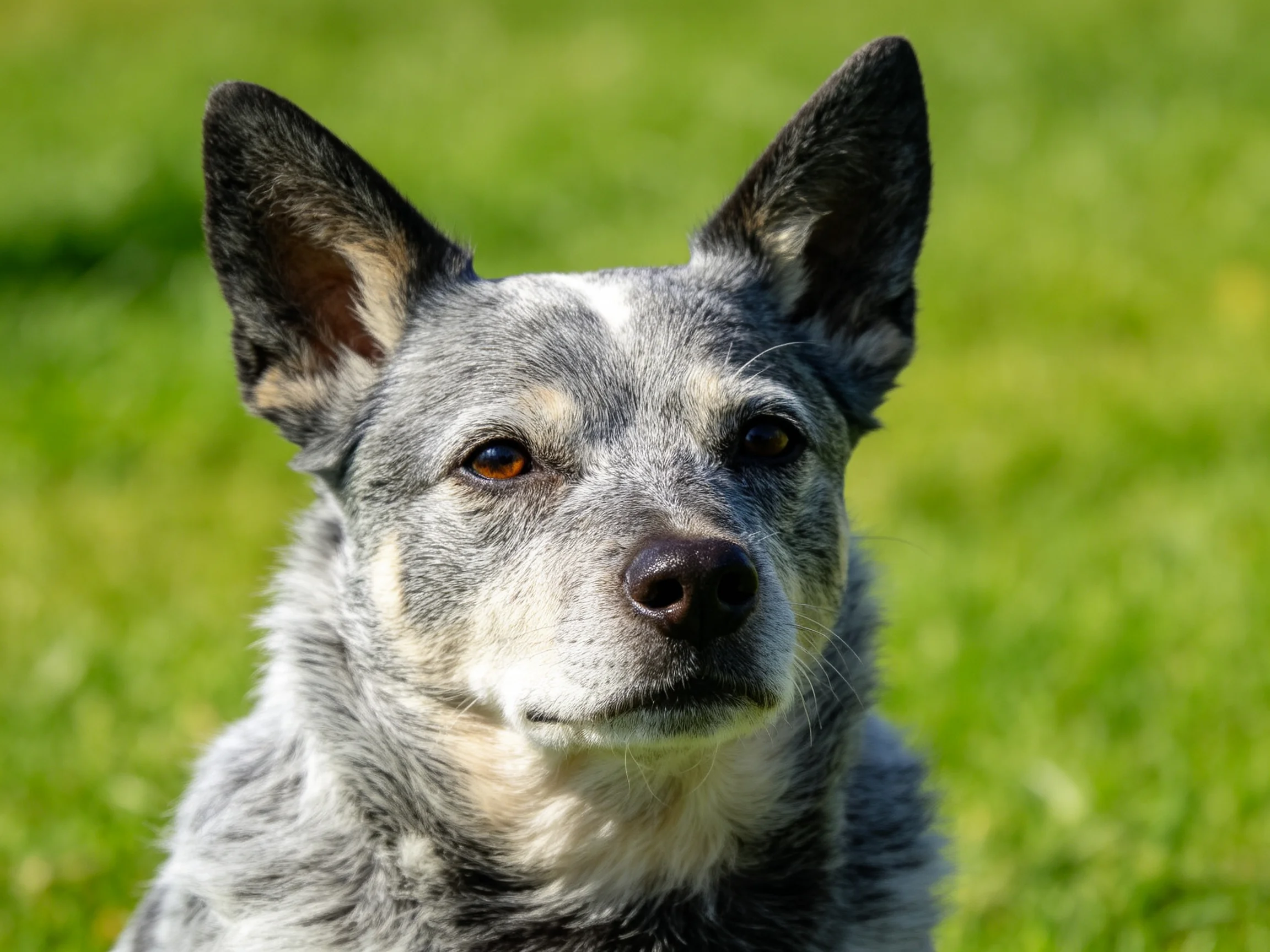 A gray and tan dog with perked ears on green grass