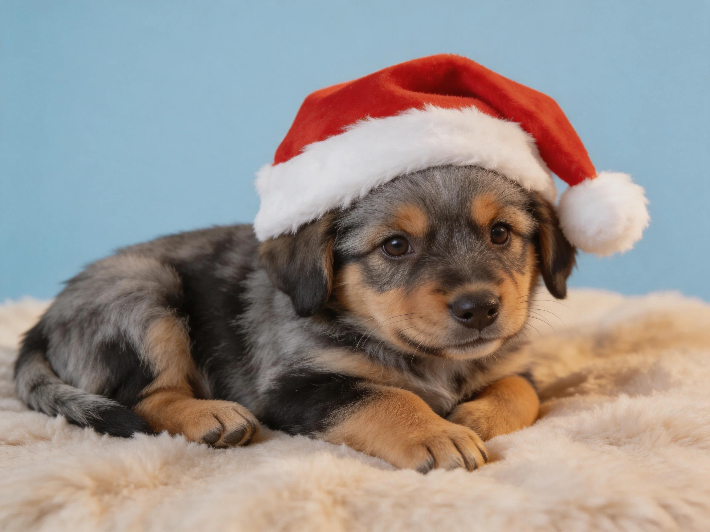 A puppy with a red Santa hat rests on a cream blanket