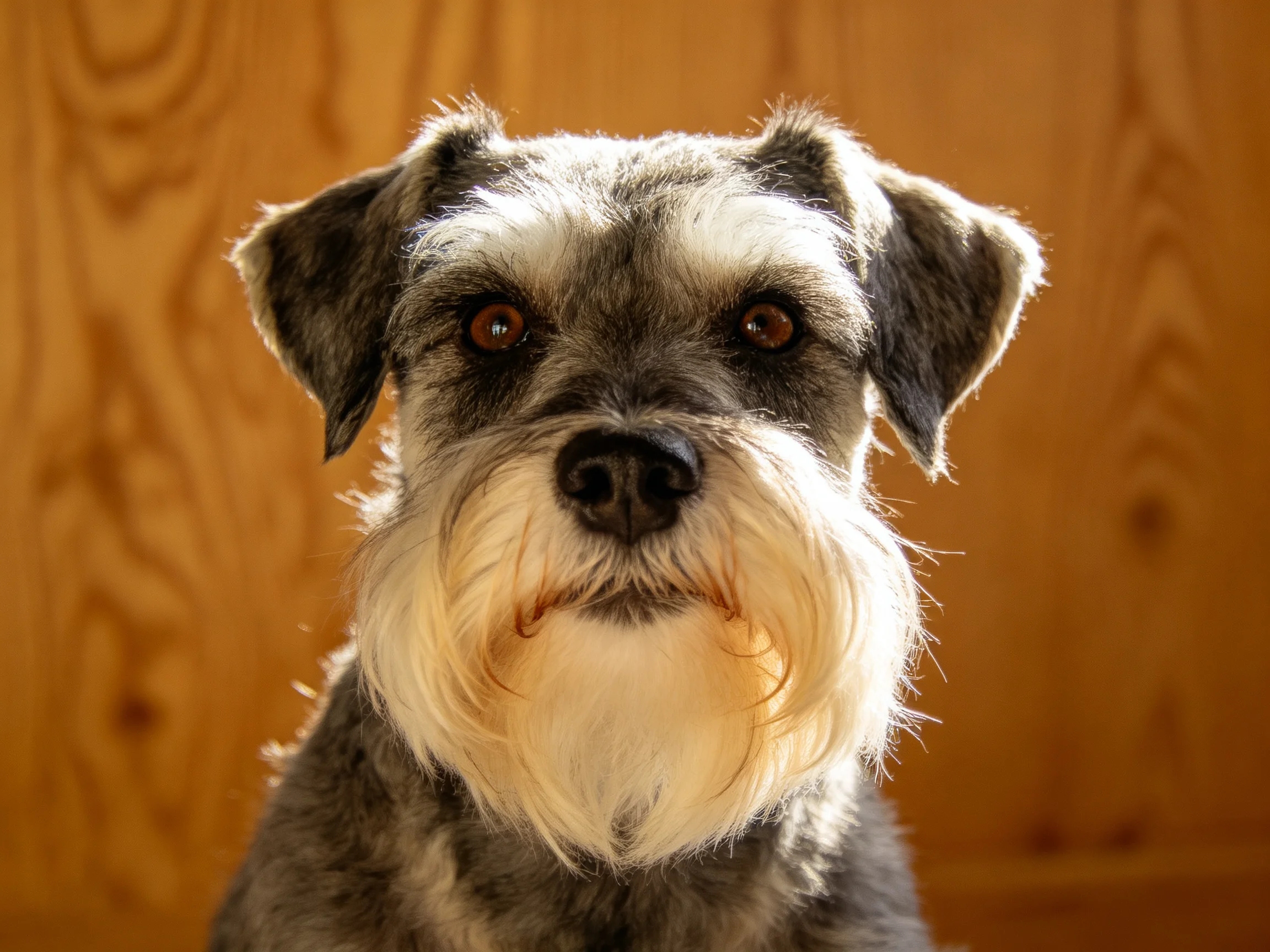 A gray and white Schnauzer near a wooden wall