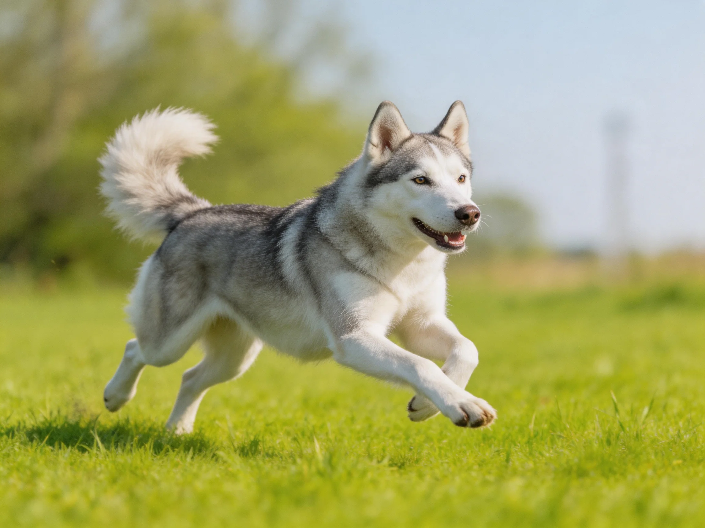 A gray-and-white Siberian Husky runs energetically across a green field.