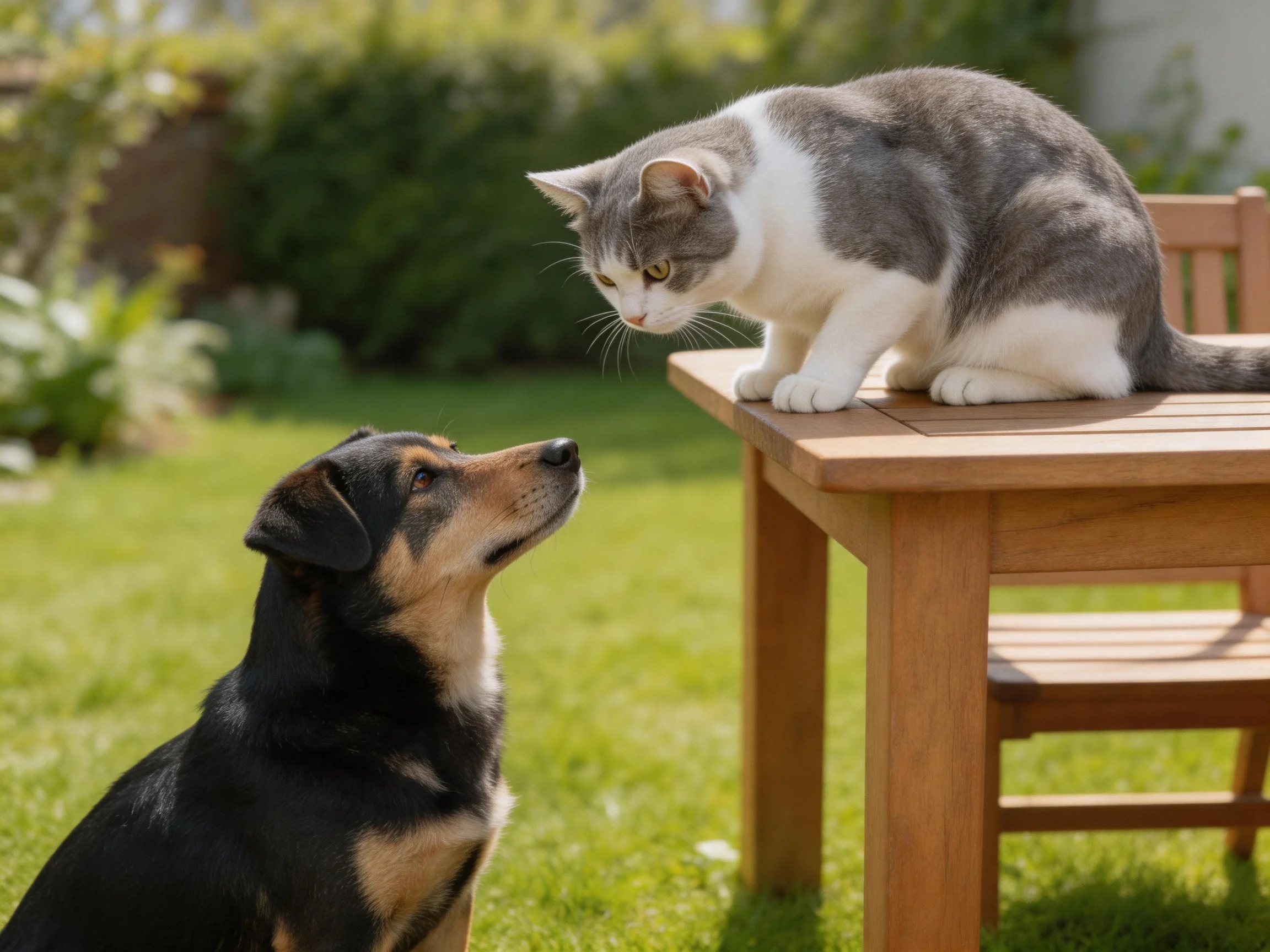 A gray-and-white cat and a black-and-tan dog interact near a wooden table in a sunny garden