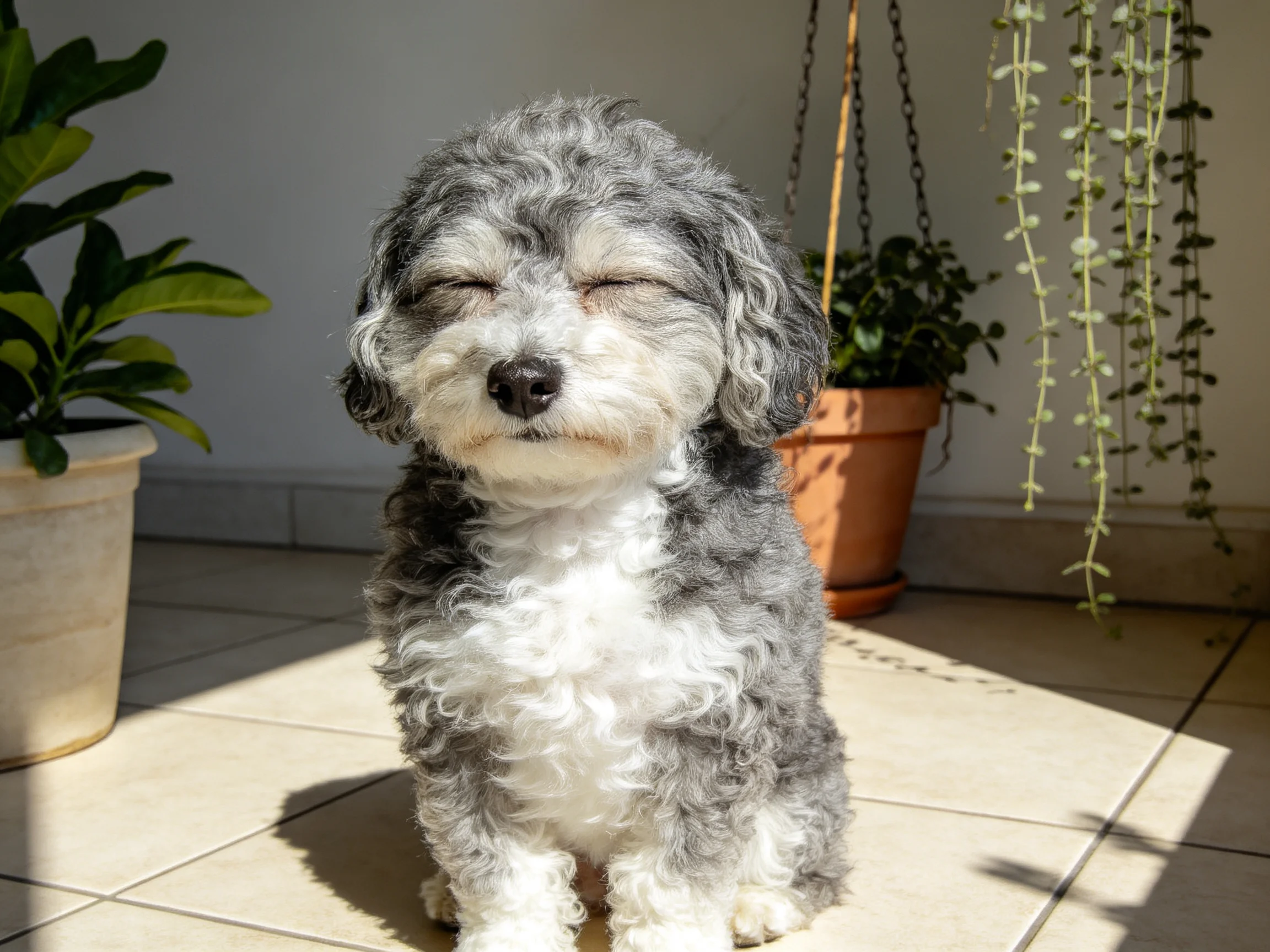 A gray and white curly-haired dog sits near potted green plants