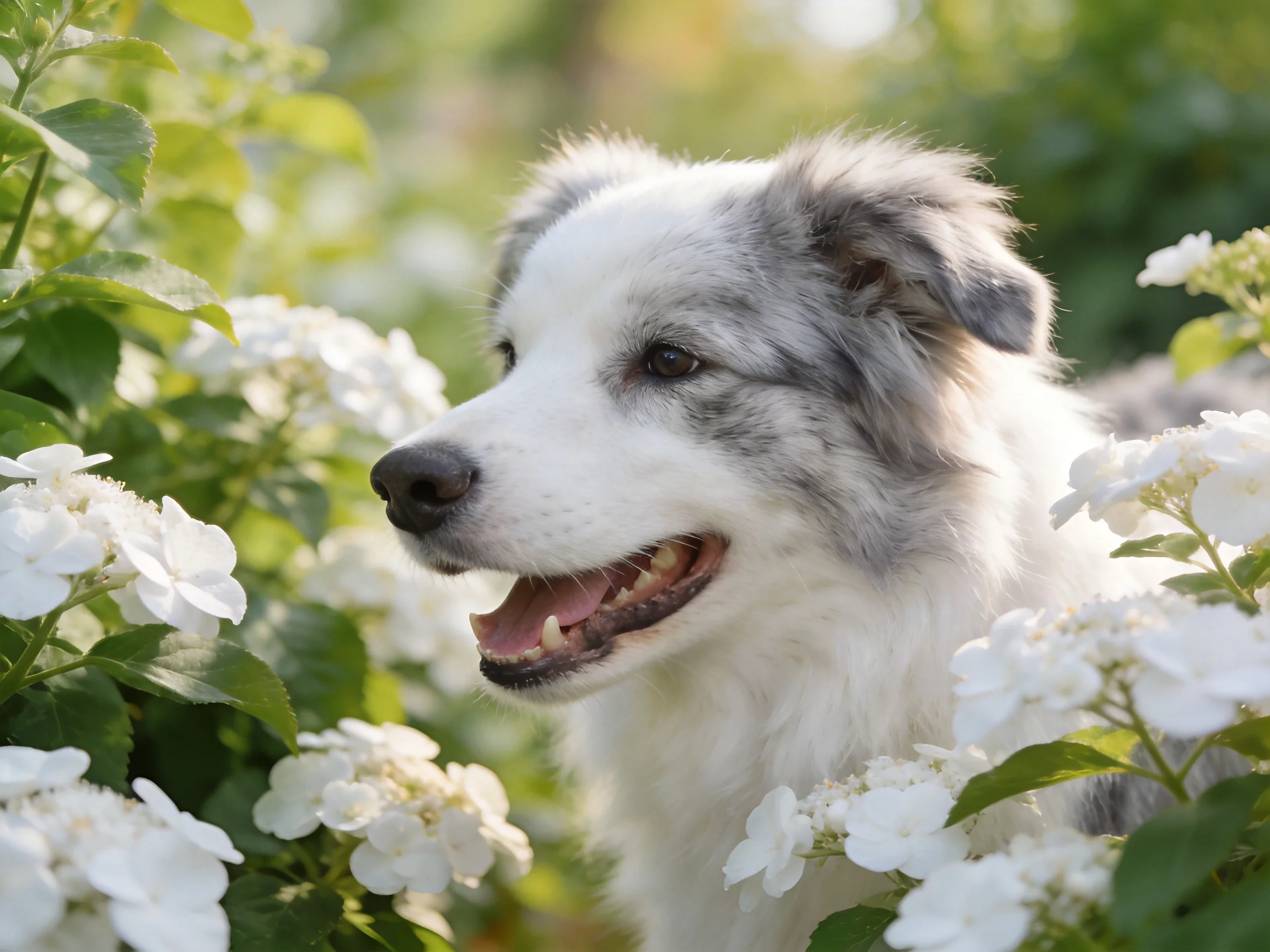 A gray-and-white dog amidst blooming white flowers