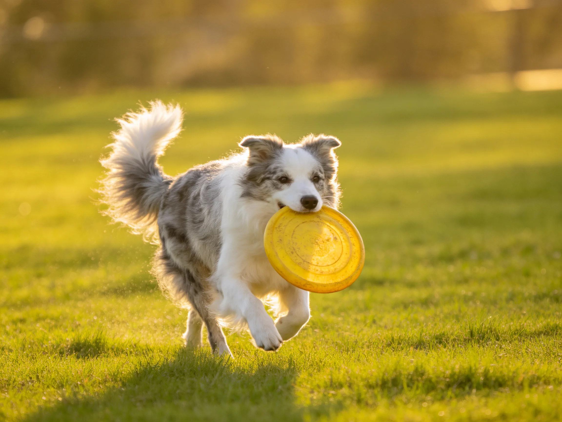A gray-and-white dog carrying a yellow frisbee on sunlit grass