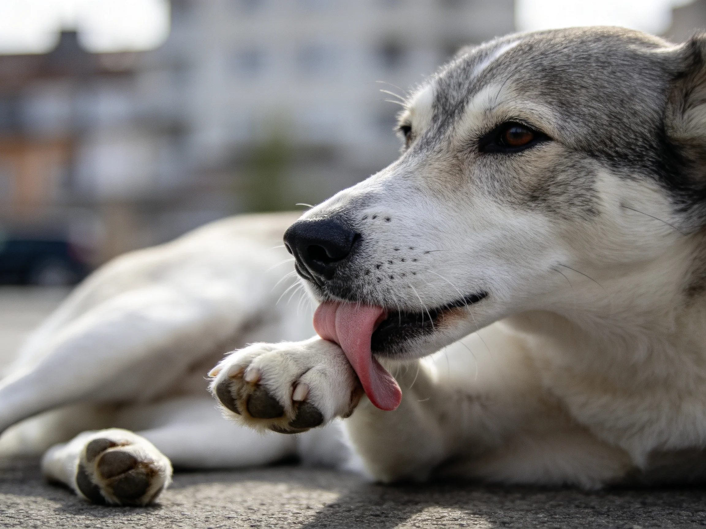 A gray-and-white dog grooms its paw on a concrete surface near buildings