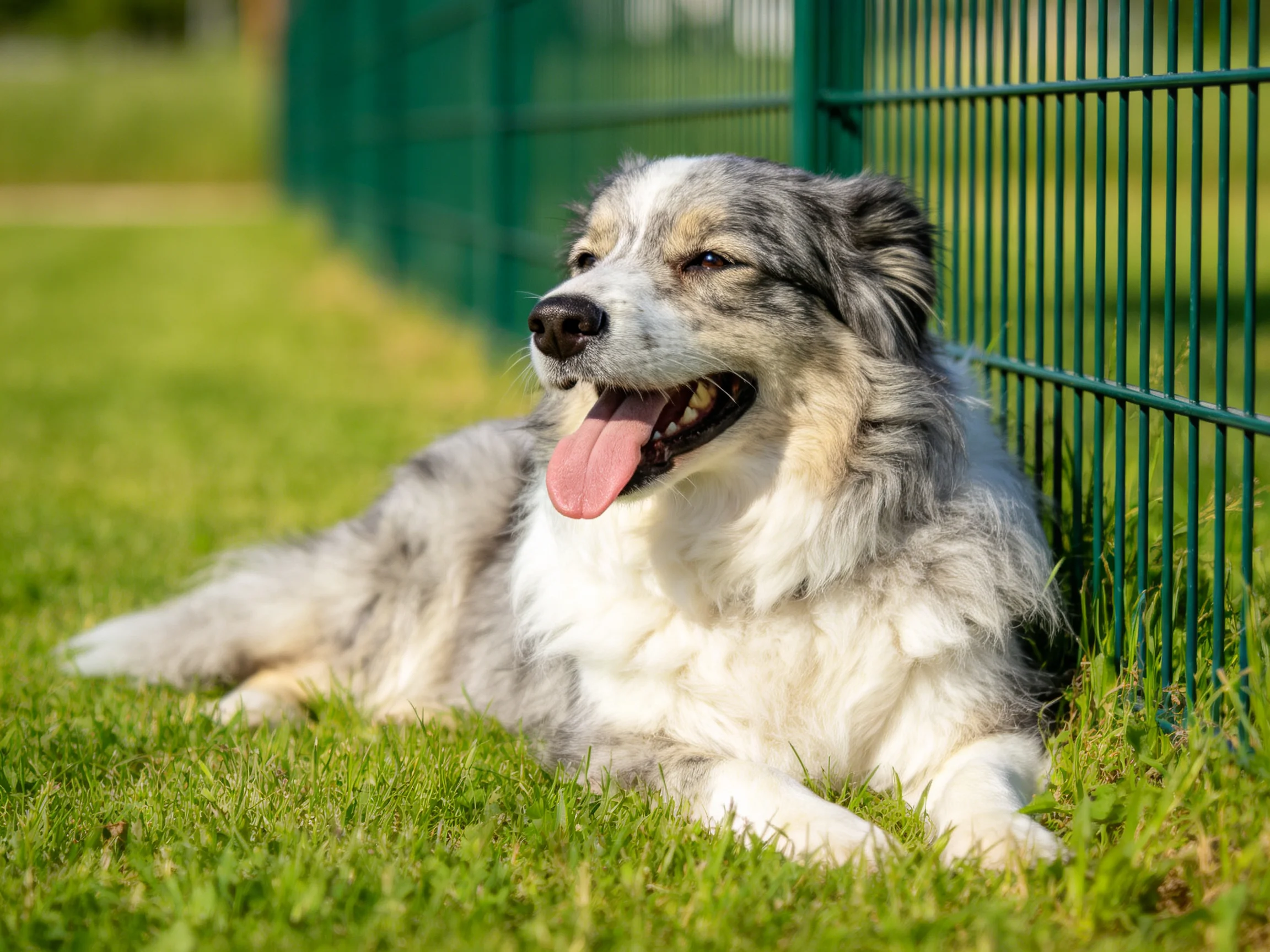 A gray and white dog lies near a green metal fence on vibrant grass