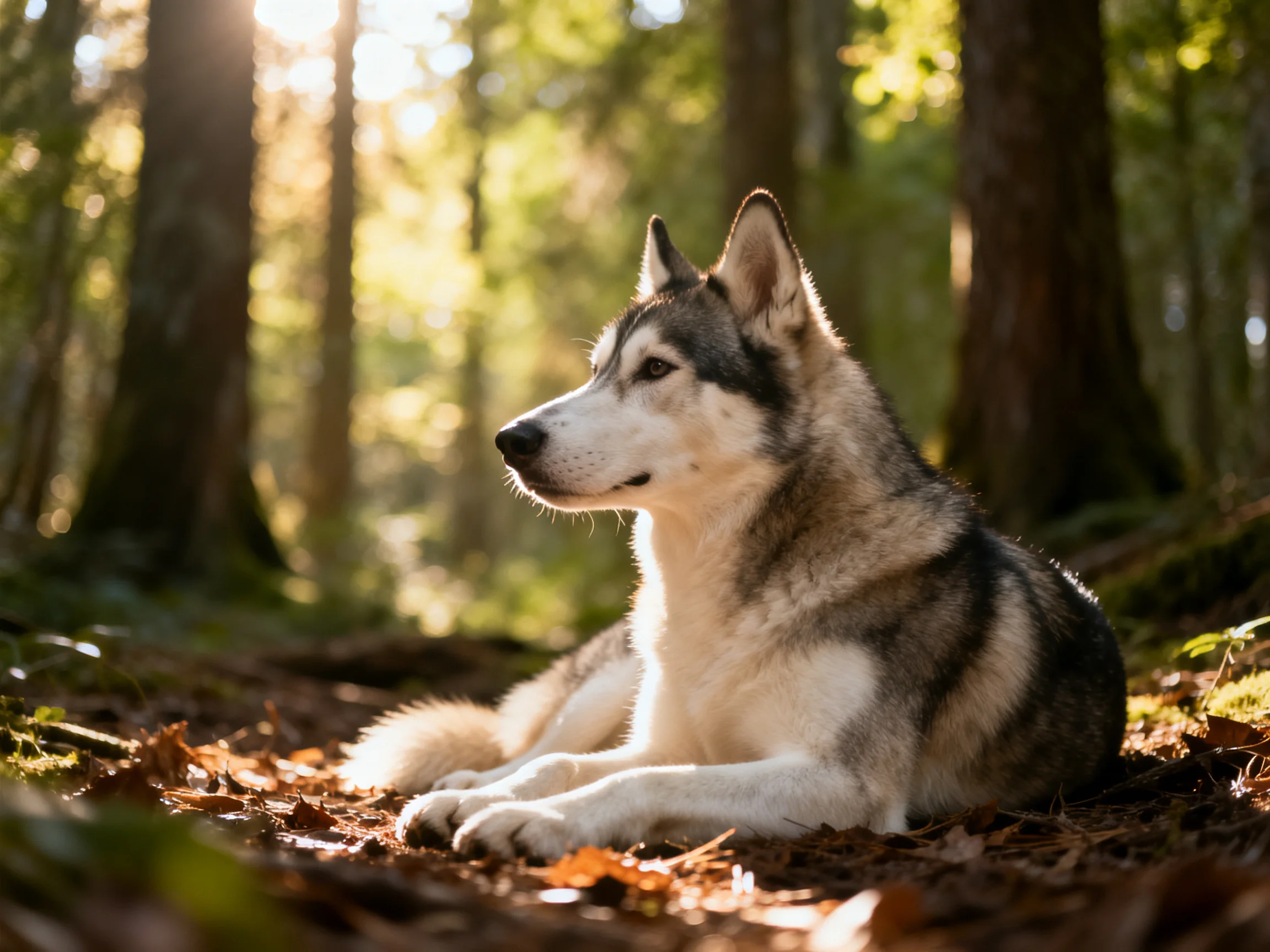 A gray-and-white dog relaxes among autumn leaves in a sun-dappled forest