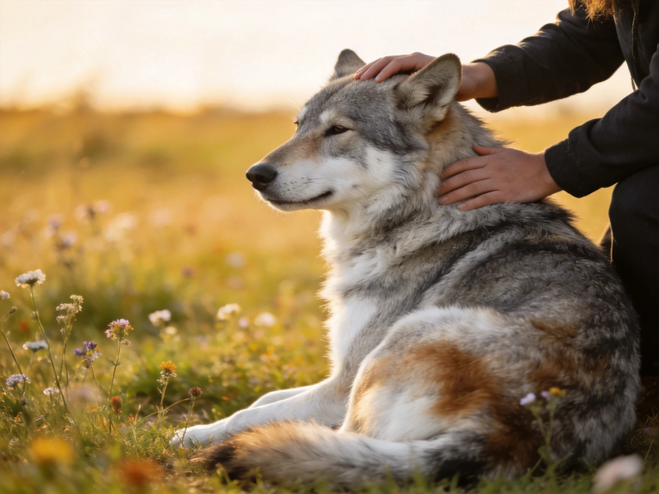 A gray-and-white dog rests in a golden flower-filled meadow under warm sunlight