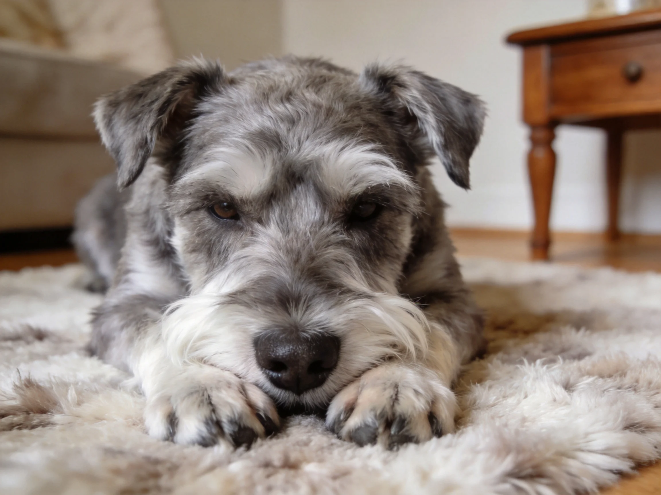 A gray and white dog rests on a fluffy beige rug in a cozy interior