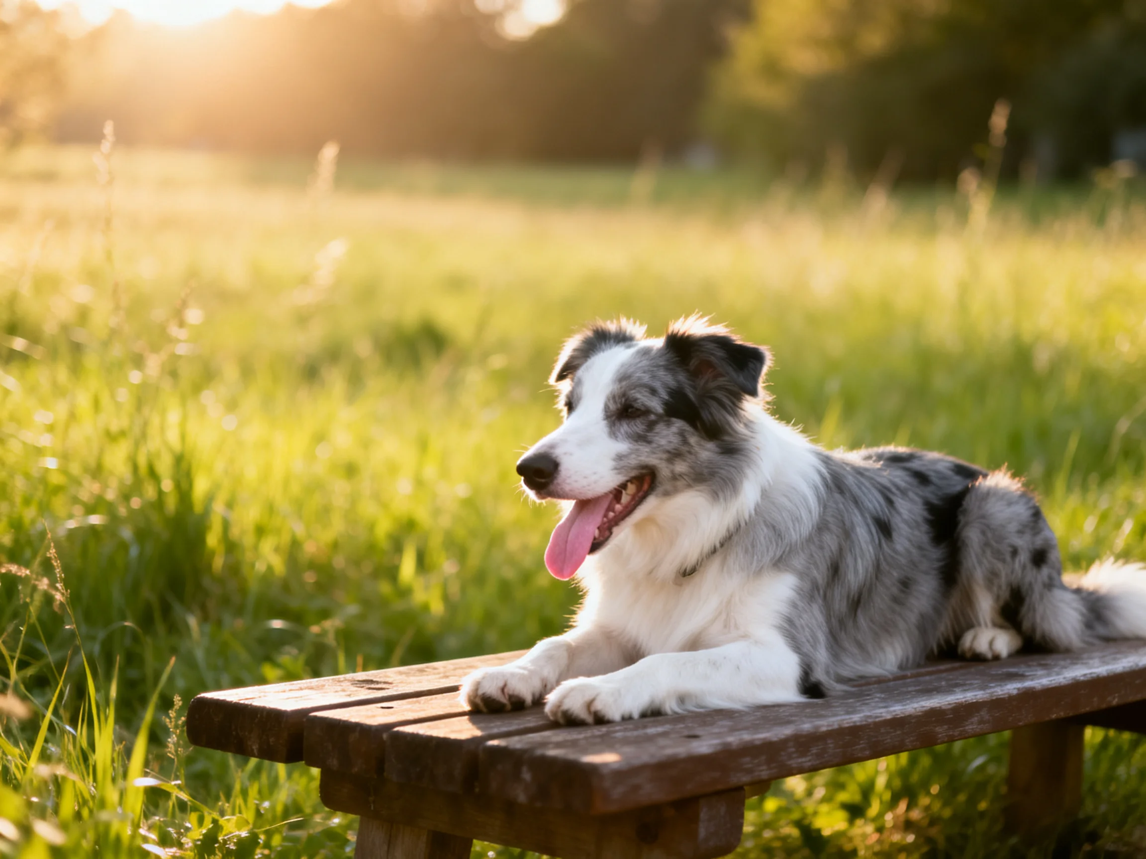 A gray and white dog rests on a weathered wooden bench in a sunlit meadow
