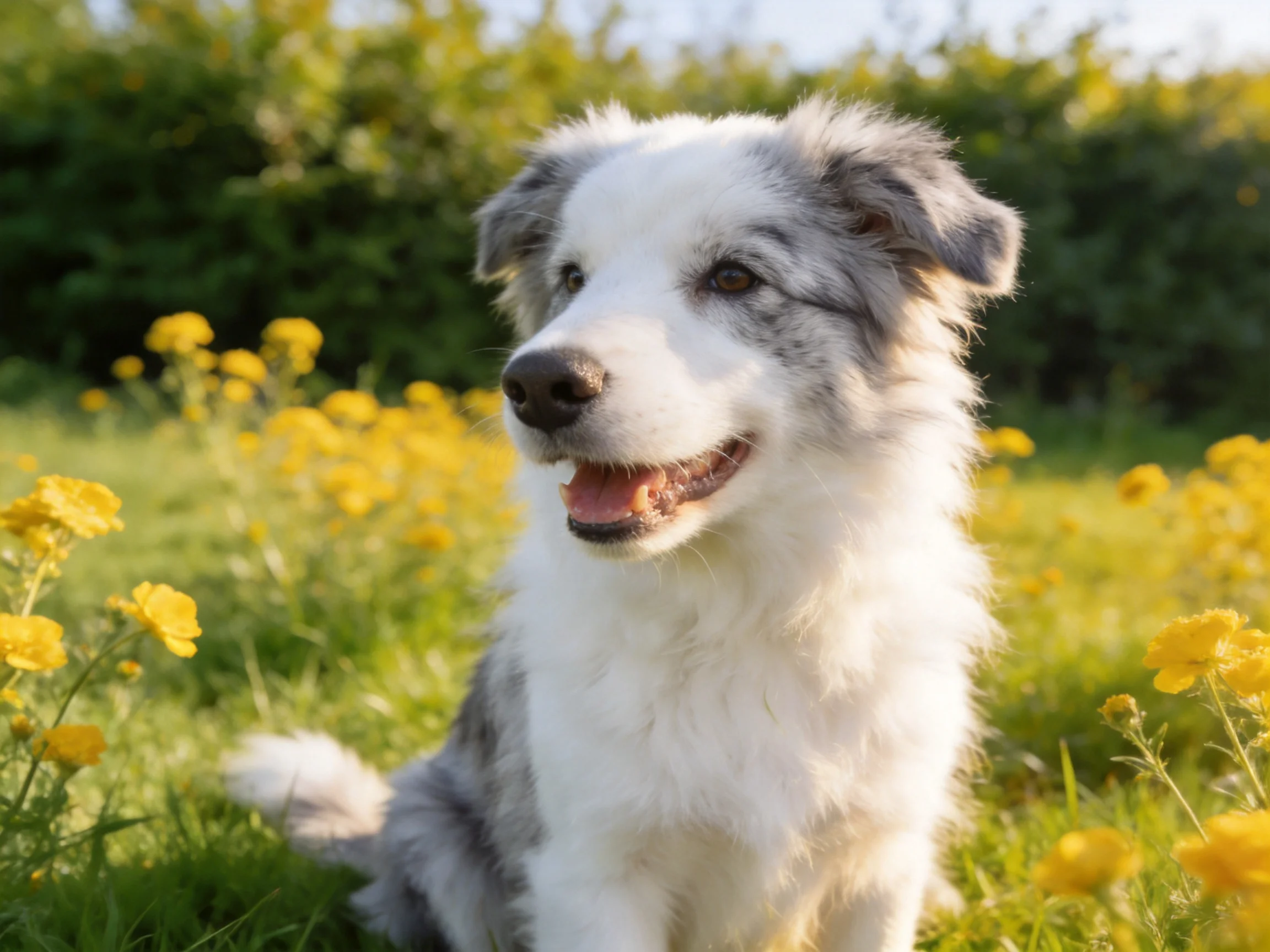A gray-and-white dog sits among yellow wildflowers in a sunlit meadow