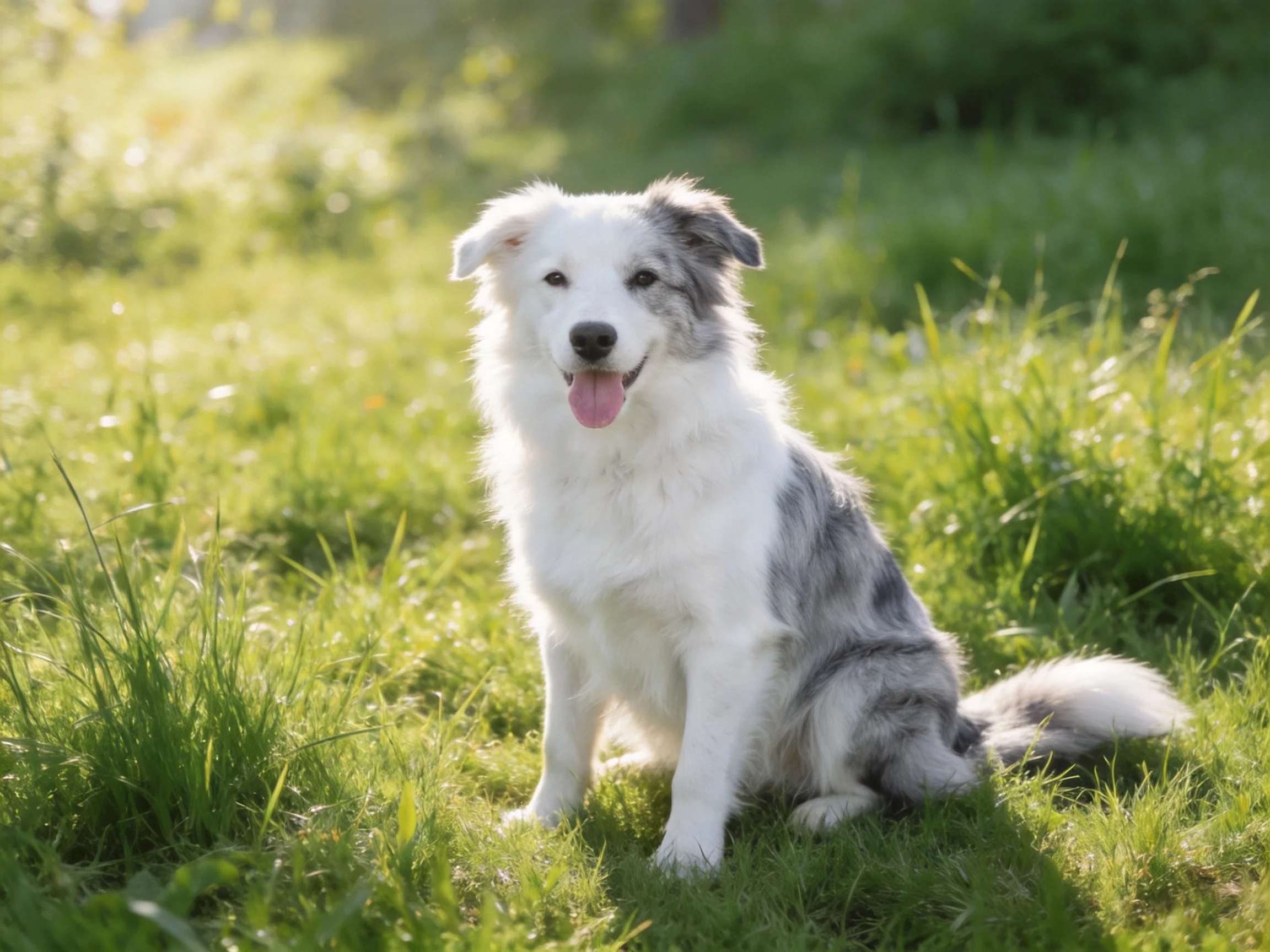 A gray-and-white dog sits happily in a sunlit grassy area.