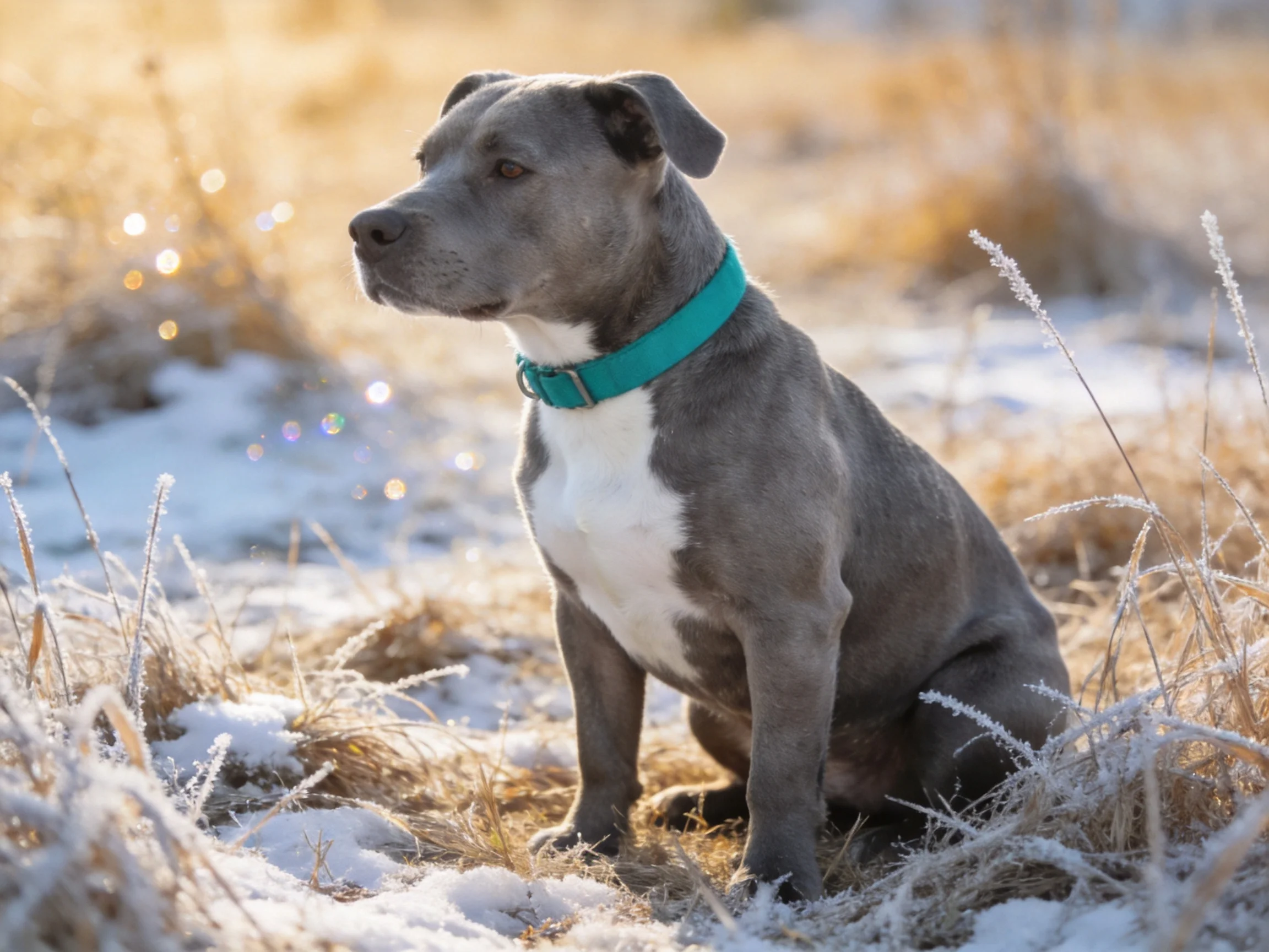 A gray and white dog sits in a frosty, golden field with snow patches