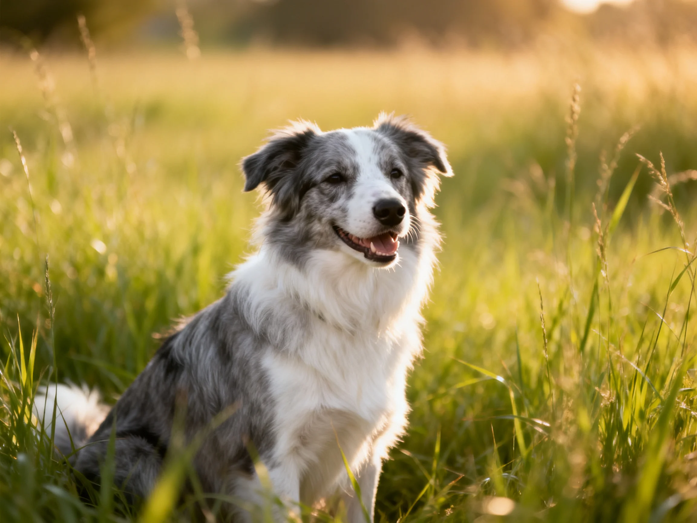 A gray-and-white dog sits in tall green grass under golden light.