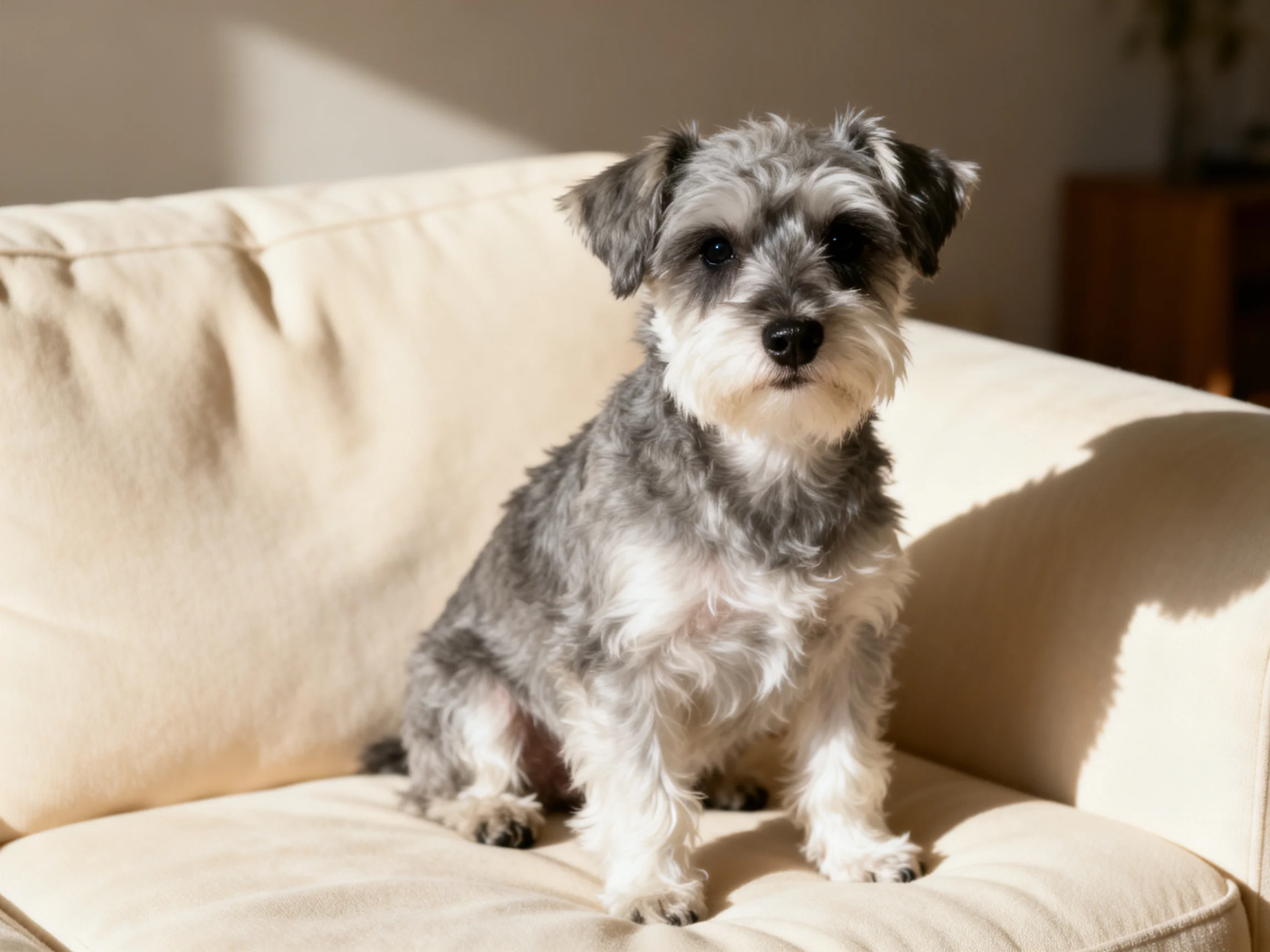 A gray and white dog sits on a cream couch in a sunlit room
