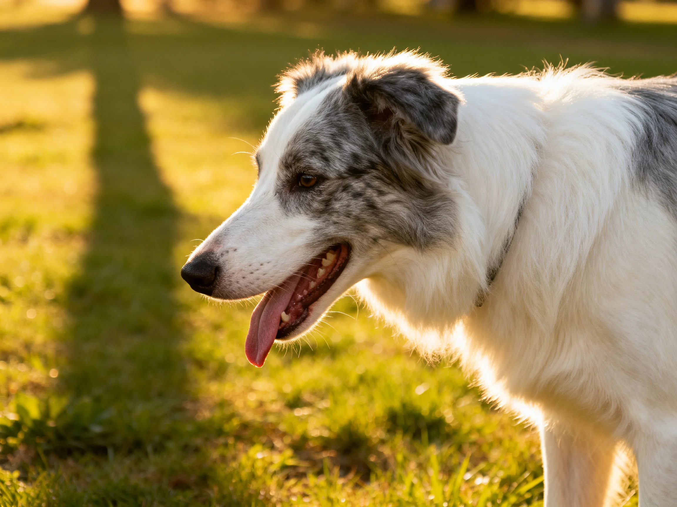 A gray-and-white dog stands on sunlit grass in an outdoor area.