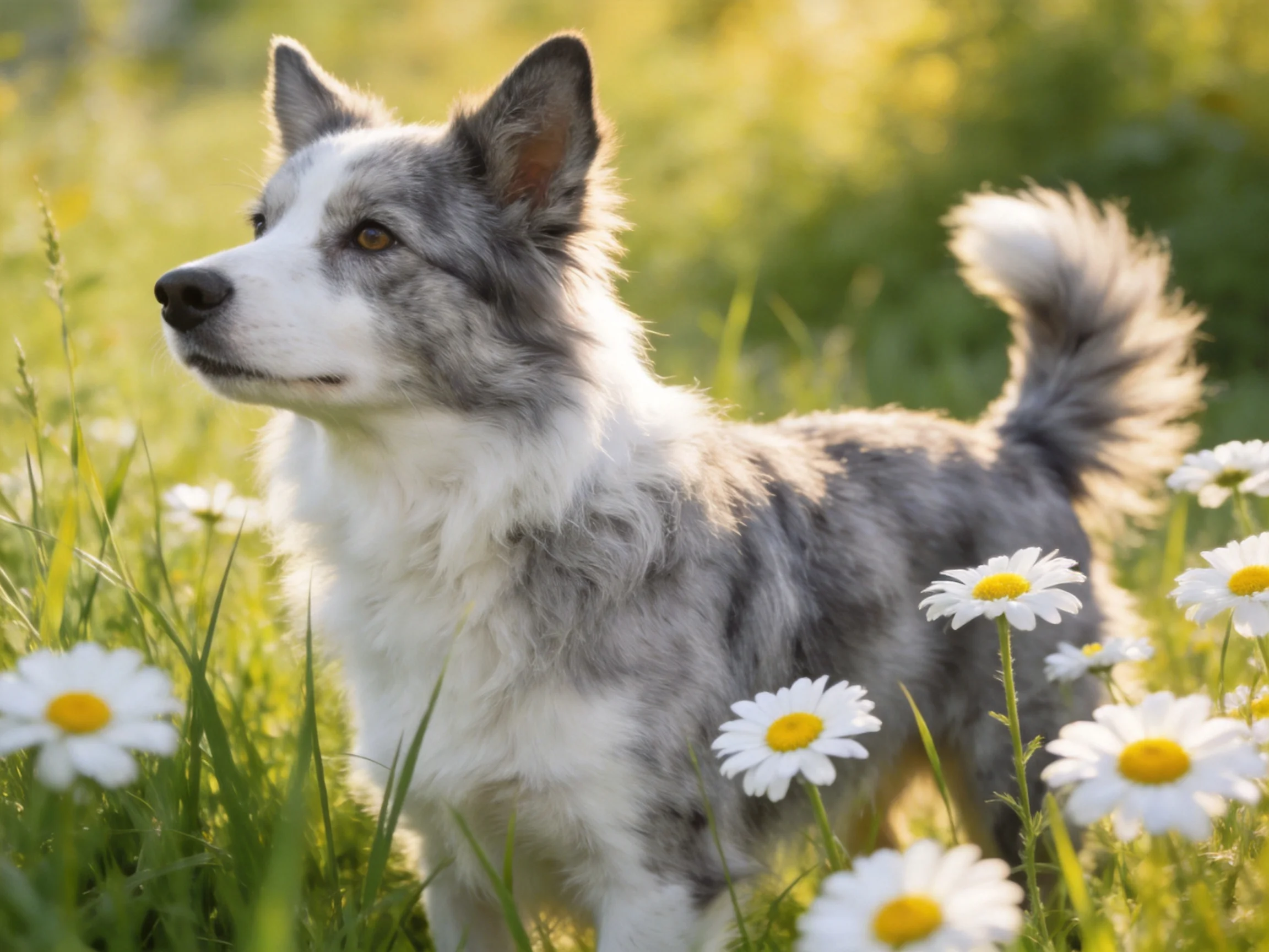 A gray-and-white dog stands among white daisies in a sunlit meadow