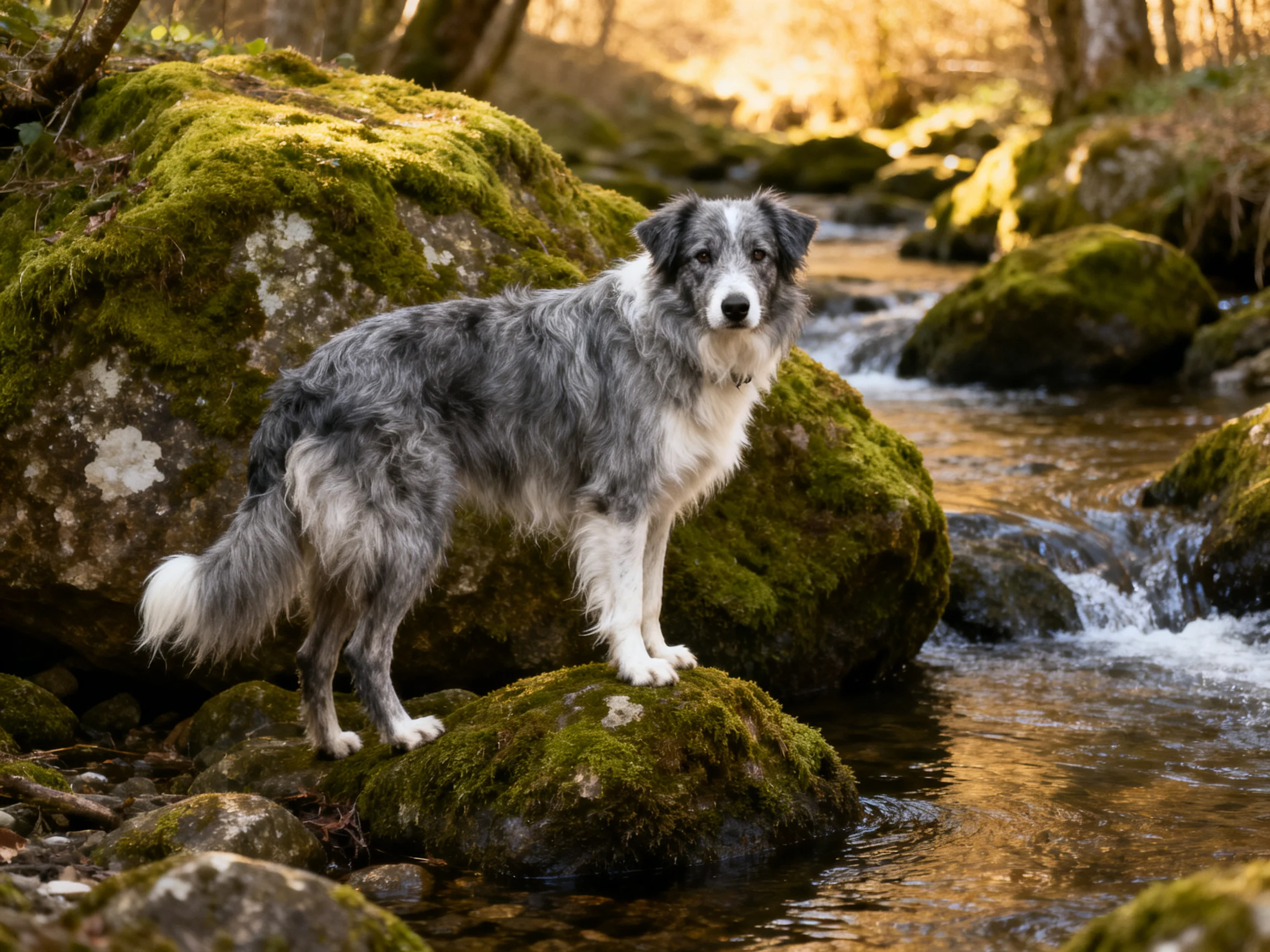 A gray-and-white dog stands on moss-covered rocks near a flowing stream.
