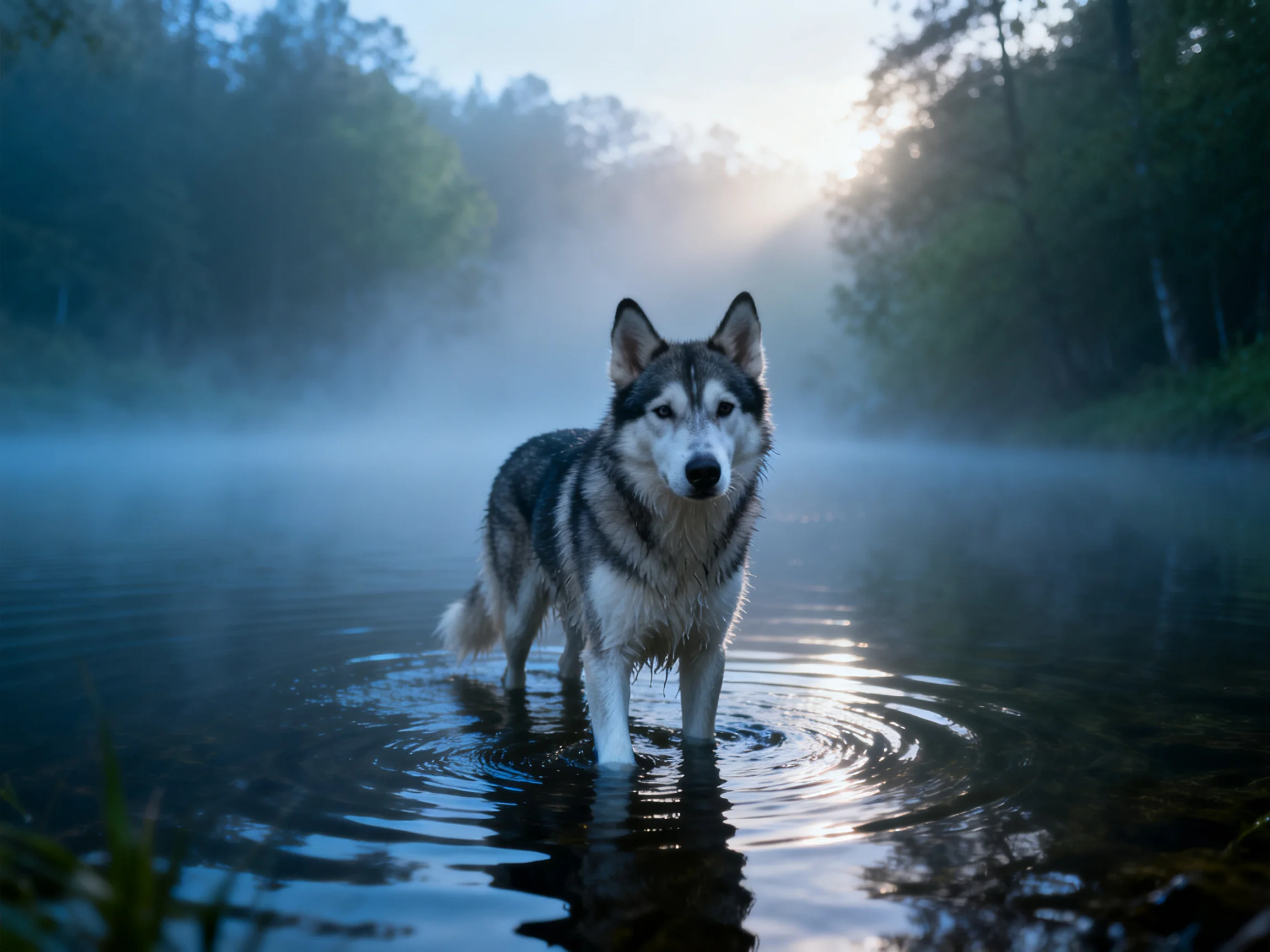 A gray-and-white dog wades in misty river waters near forested terrain