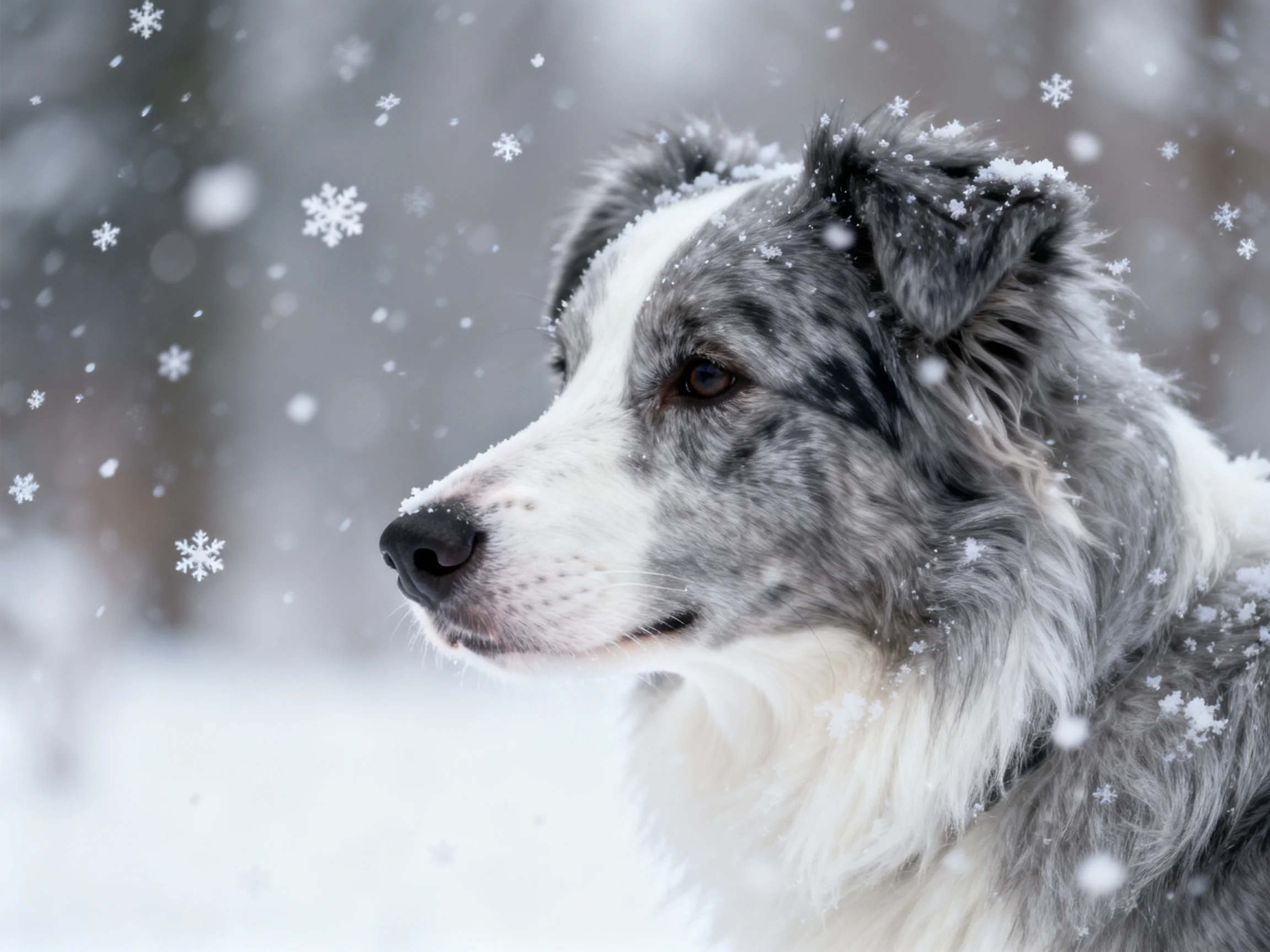 A dog stands calmly amid falling snowflakes in a snowy outdoor area.
