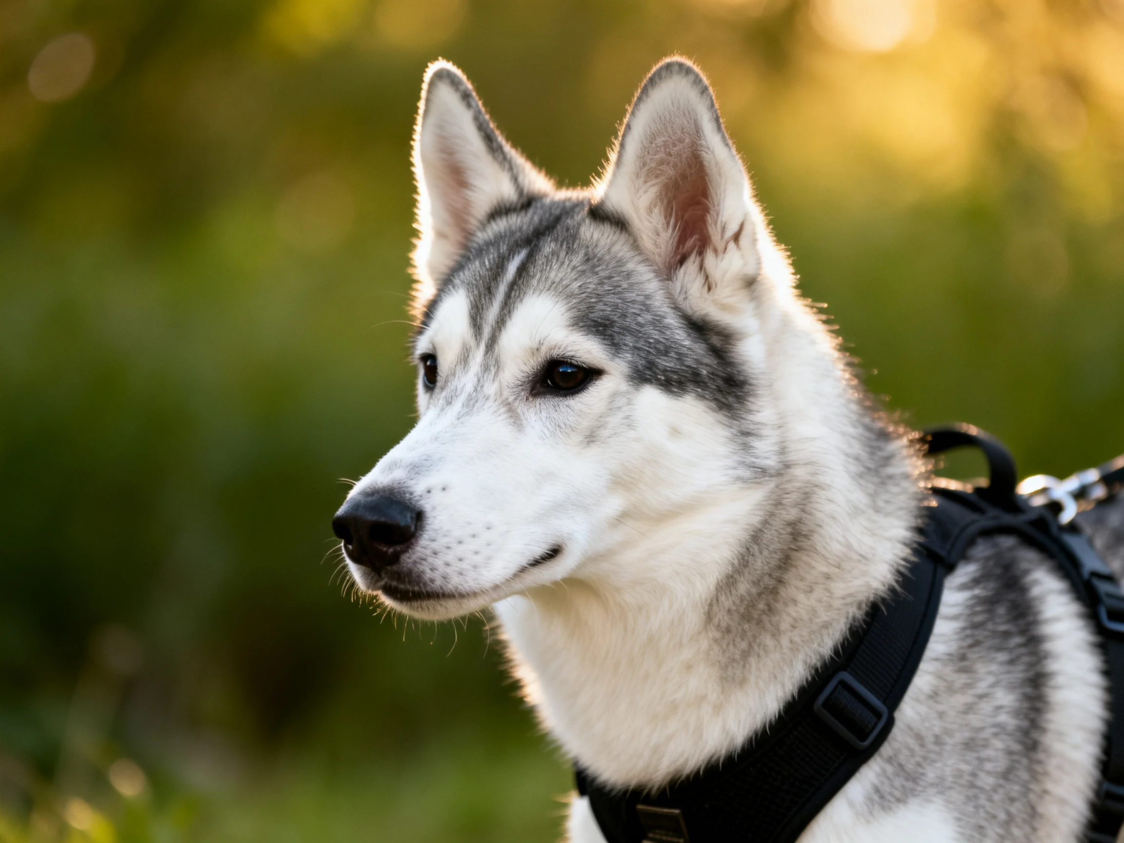 A gray-and-white husky dog wearing a black harness stands near green foliage.