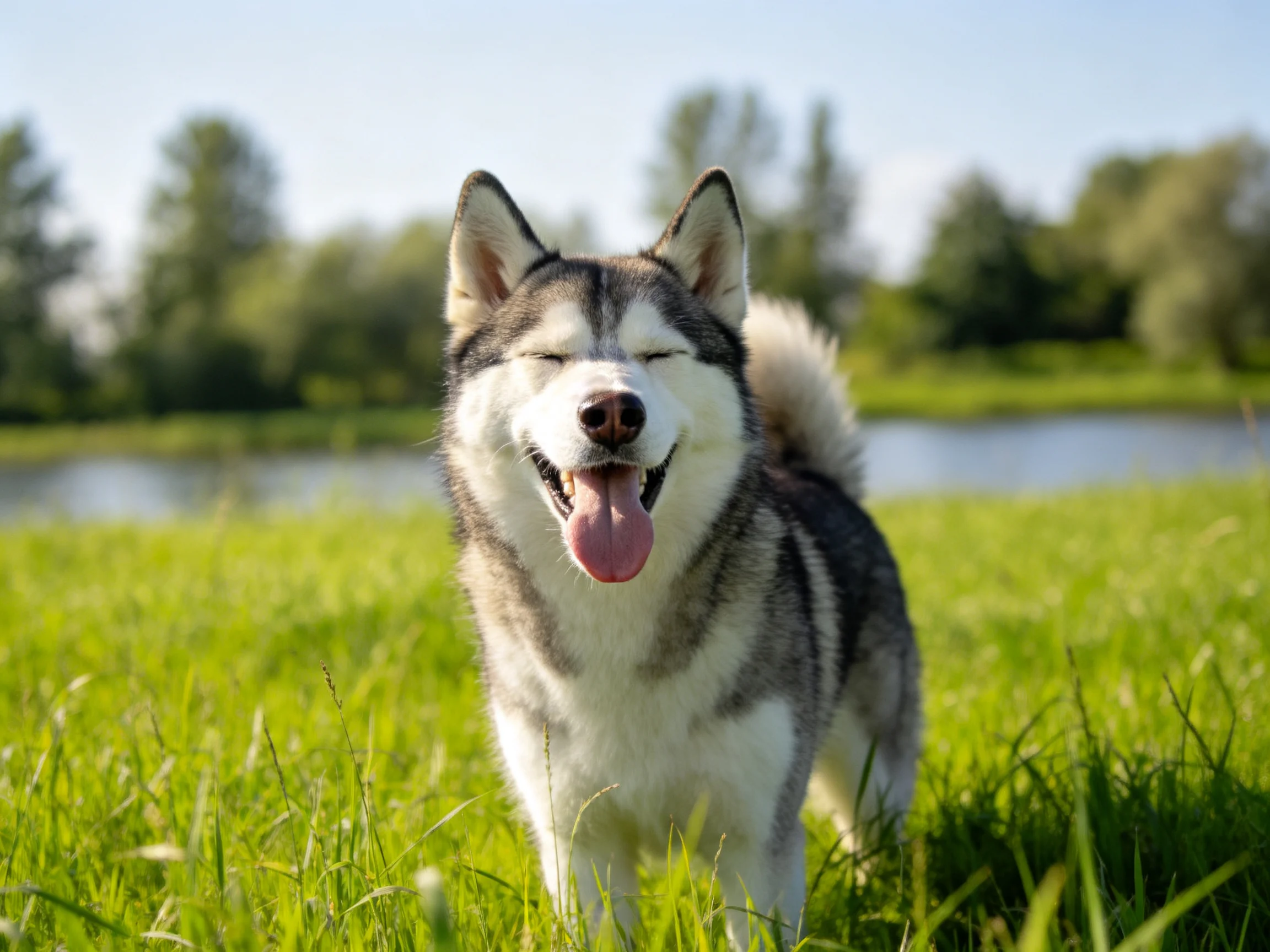 A gray-and-white husky enjoys sunny grass near a calm water body